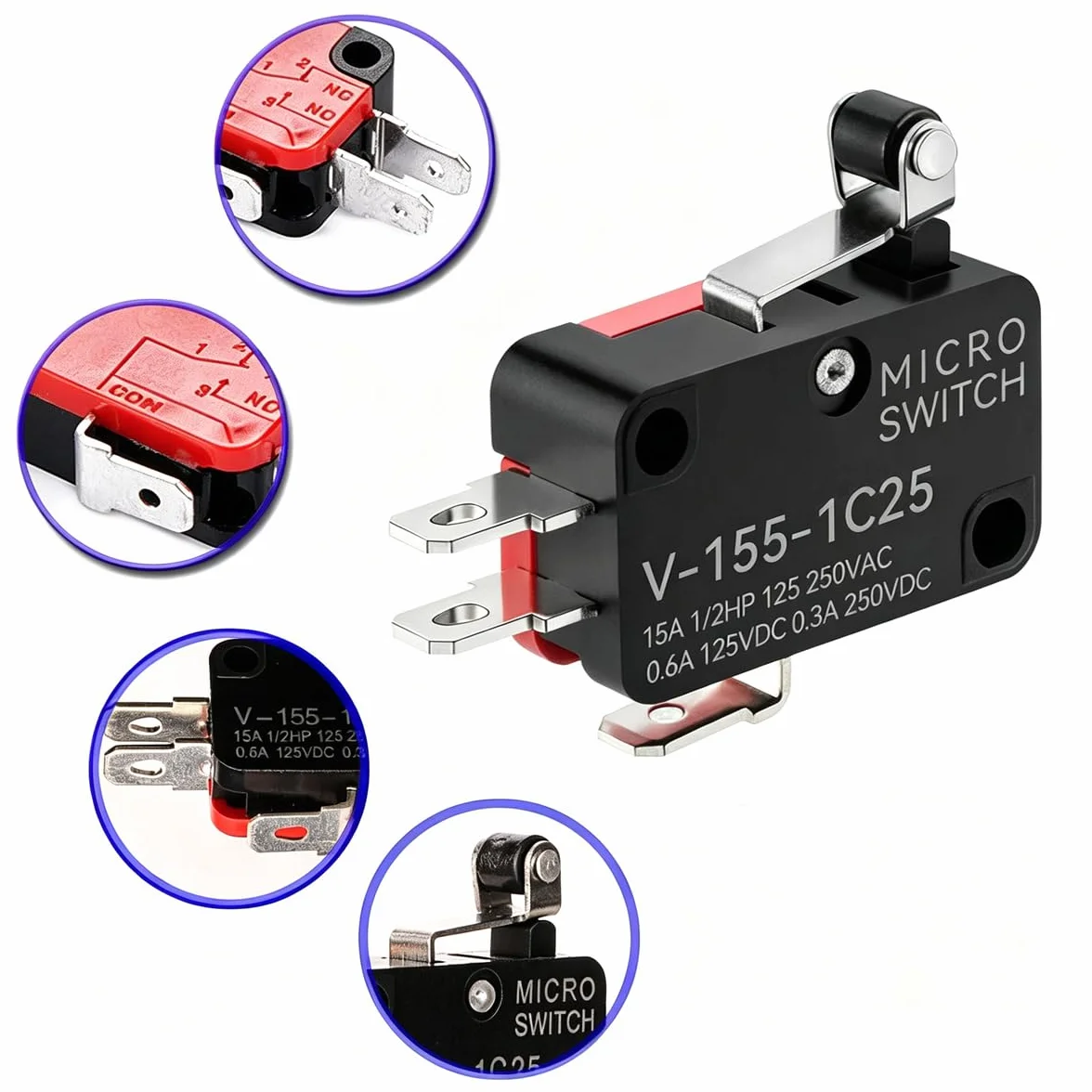 Gebildet 12pezzi Micro Interruttore Leva a Rullo, V-155-1C25 Finecorsa SPDT, 3Pin 2Posizione 1NO 1NC Mini Interruttore a Levetta, Braccio Pulsante Attuatore Momentaneo