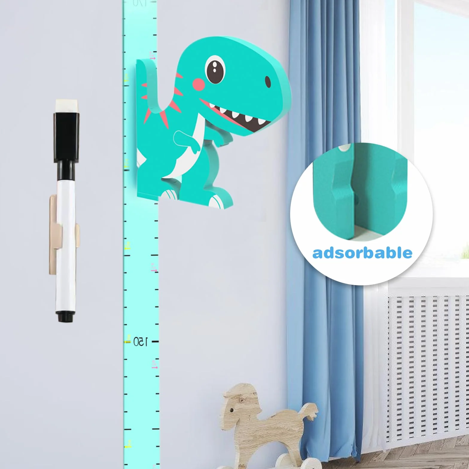 Tabella di misurazione altezza bambino: altimetro dinosauro 3D con penna lavagna bianca e metro a nastro