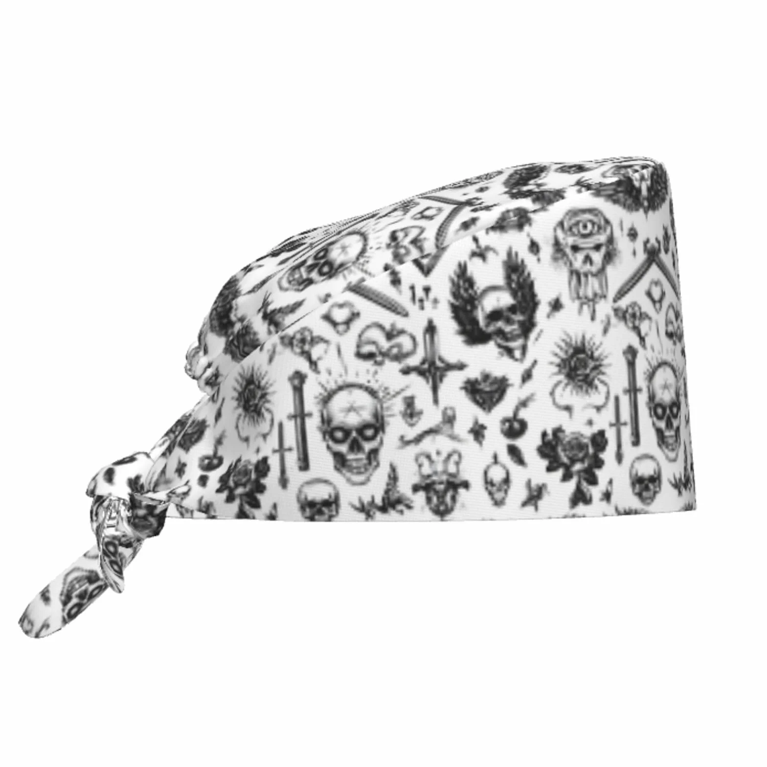 Cuffia da donna e uomo, comoda, morbida, con stampa di teschio, stile gotico, regolabile, da lavoro, per infermiere, chirurgiche, con fascia per il sudore, colore nero