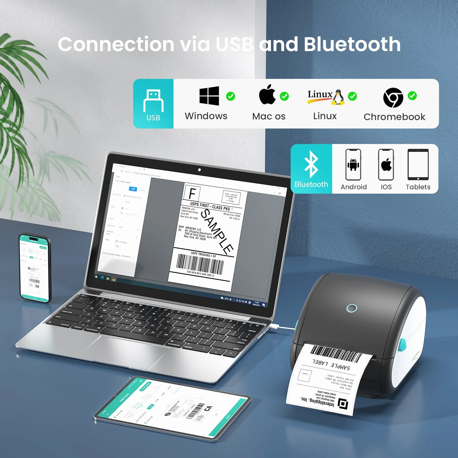 Stampante per Etichette Bluetooth, Stampante per Etichette di Spedizione, 4 x 6 Stampante Termica Stampante Etichette Label Printer Macchina Compatibile con Etsy,DPD, Ups, Otto, DHL