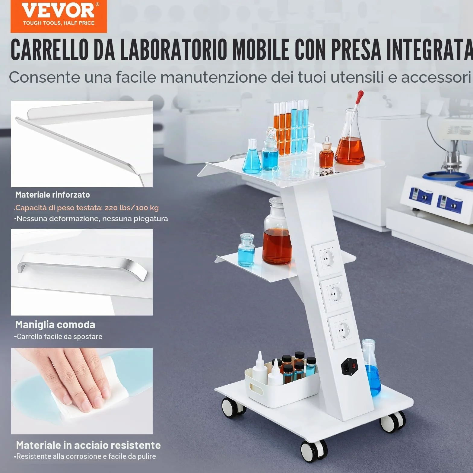 VEVOR Carrello da laboratorio 3 strati con presa integrata ruote girevoli portata 100 kg