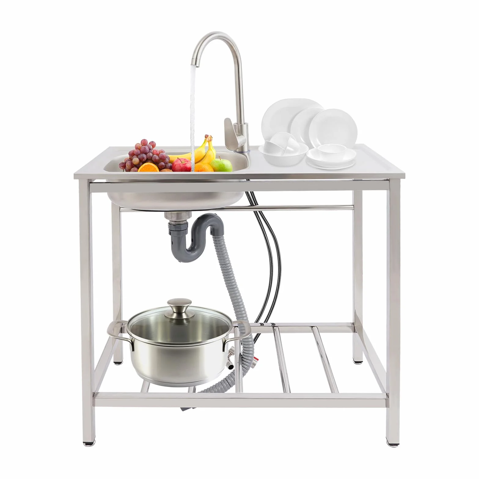 Lavello da esterno autoportante, 1 vasca lavello mobile con rubinetto per acqua calda e fredda e mobiletto sottostante, tavolo lavello in acciaio inox lavello da cucina per ristoranti, caffè