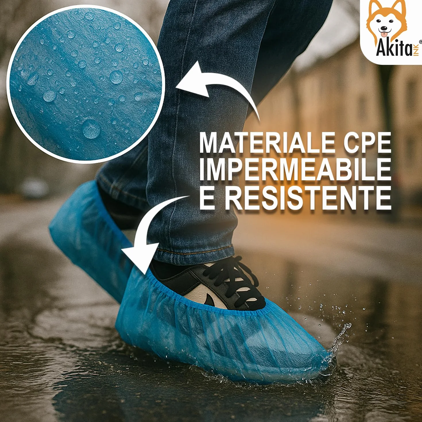 Copriscarpe Monouso in CPE AKITAInk – Blu, Suola Goffrata, Taglia Unica Fino al 48, Impermeabili, DPI per Pulizia