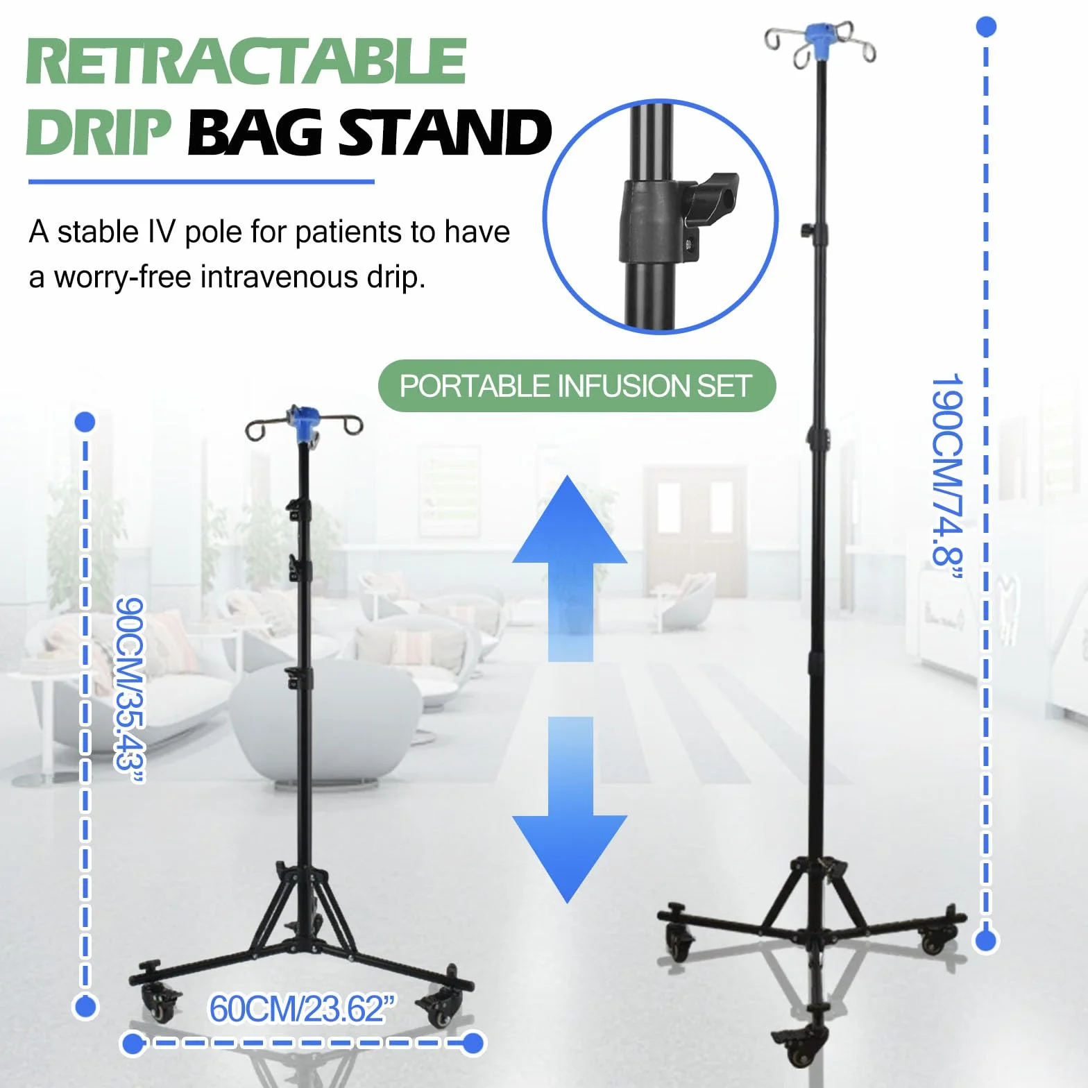 Supporto per infusione pieghevole Asta per flebo con ganci&ruote, supporto per infusione mobile, per ospedale e cura domestica,regolabile in altezza