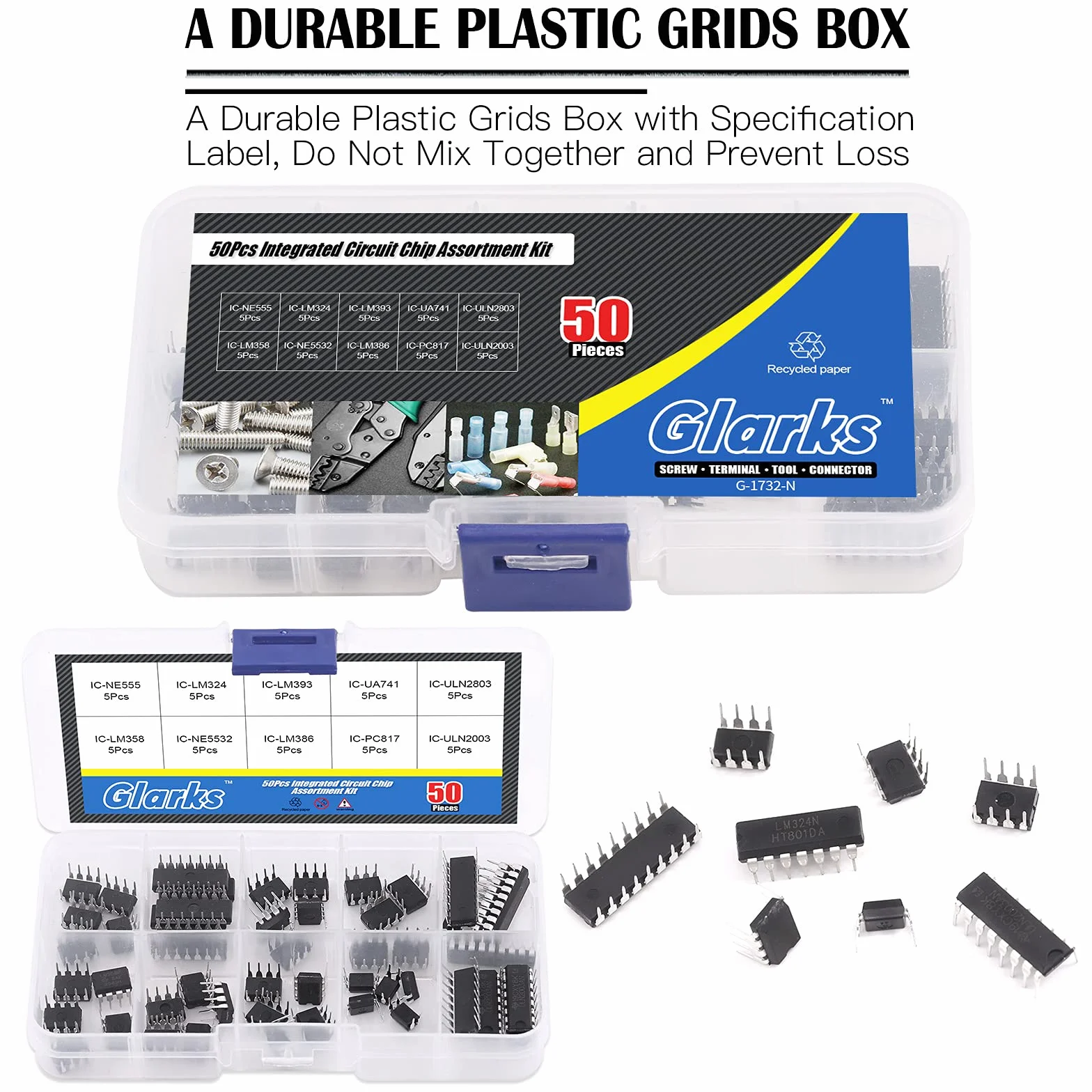 Glarks - Kit di 50 chip con circuito integrato, 10 tipi di circuiti integrati, opamp, singolo timer di precisione, pwm, tra cui LM324 LM358 LM386 LM393 UA741 NE5532 NE555 PC817 ULN2003 ULN2803