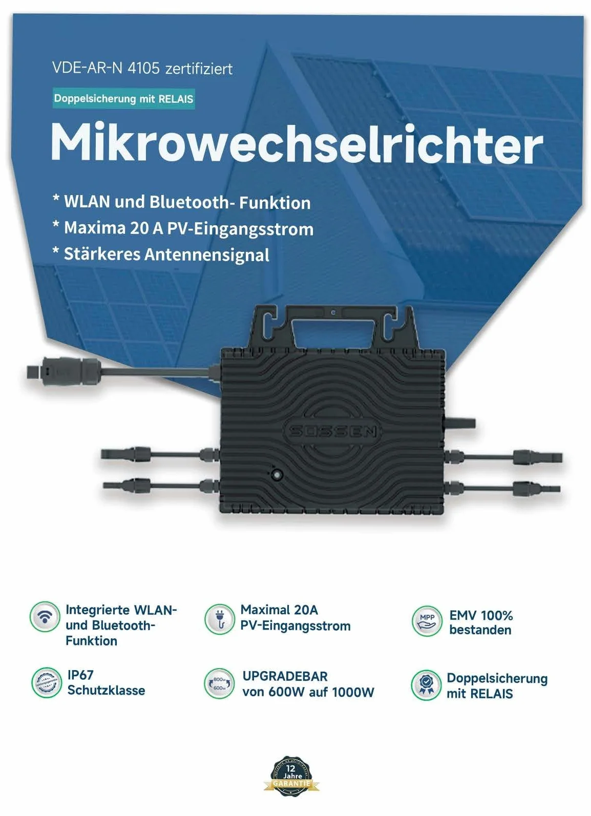 Sossen - Micro inverter per impianto elettrico da balcone – WLAN, 800 Watt, cavo di collegamento da 5 metri per presa elettrica