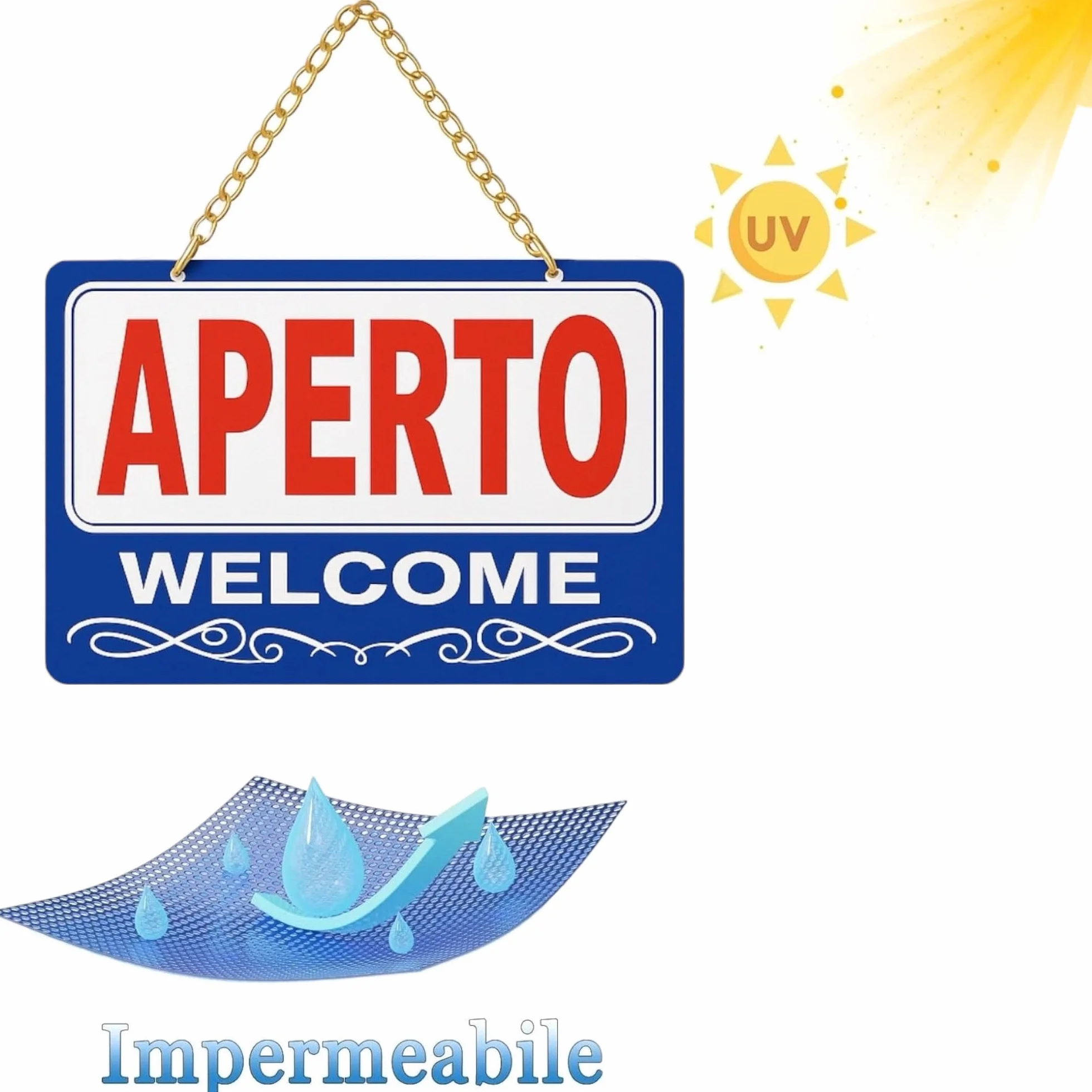 Topolenashop Cartello Aperto Chiuso Reversibile 29x19 cm – Insegna Bilingue Open Close per Negozi, Bar e Ristoranti – Cartello da Appendere con Catena Dorata per Porta e Vetrina ART.689388
