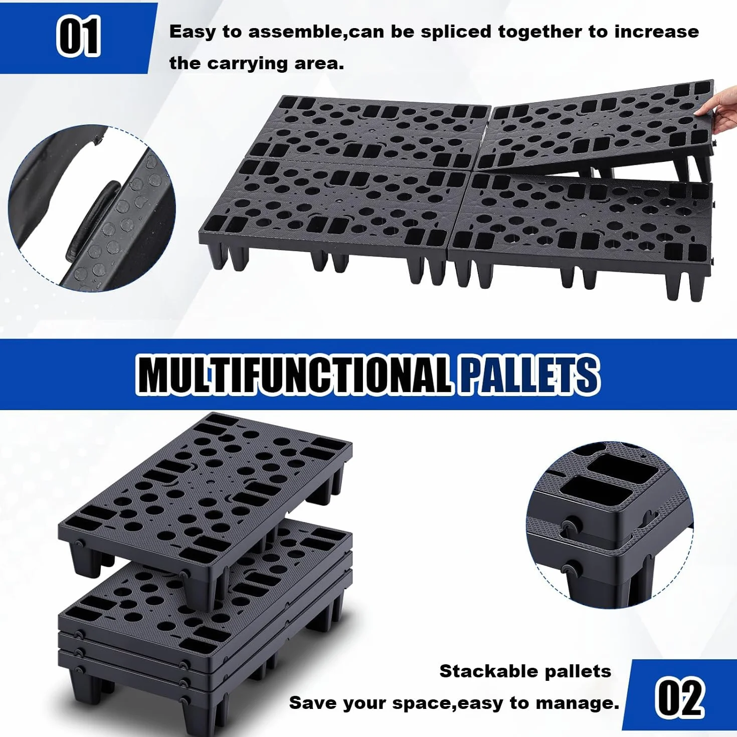 4 pezzi Pallet in plastica, Bancale Pallet impilabile resistente all'umidità con griglie traspiranti per supermercati, garage e magazzini, 50x30x10 cm