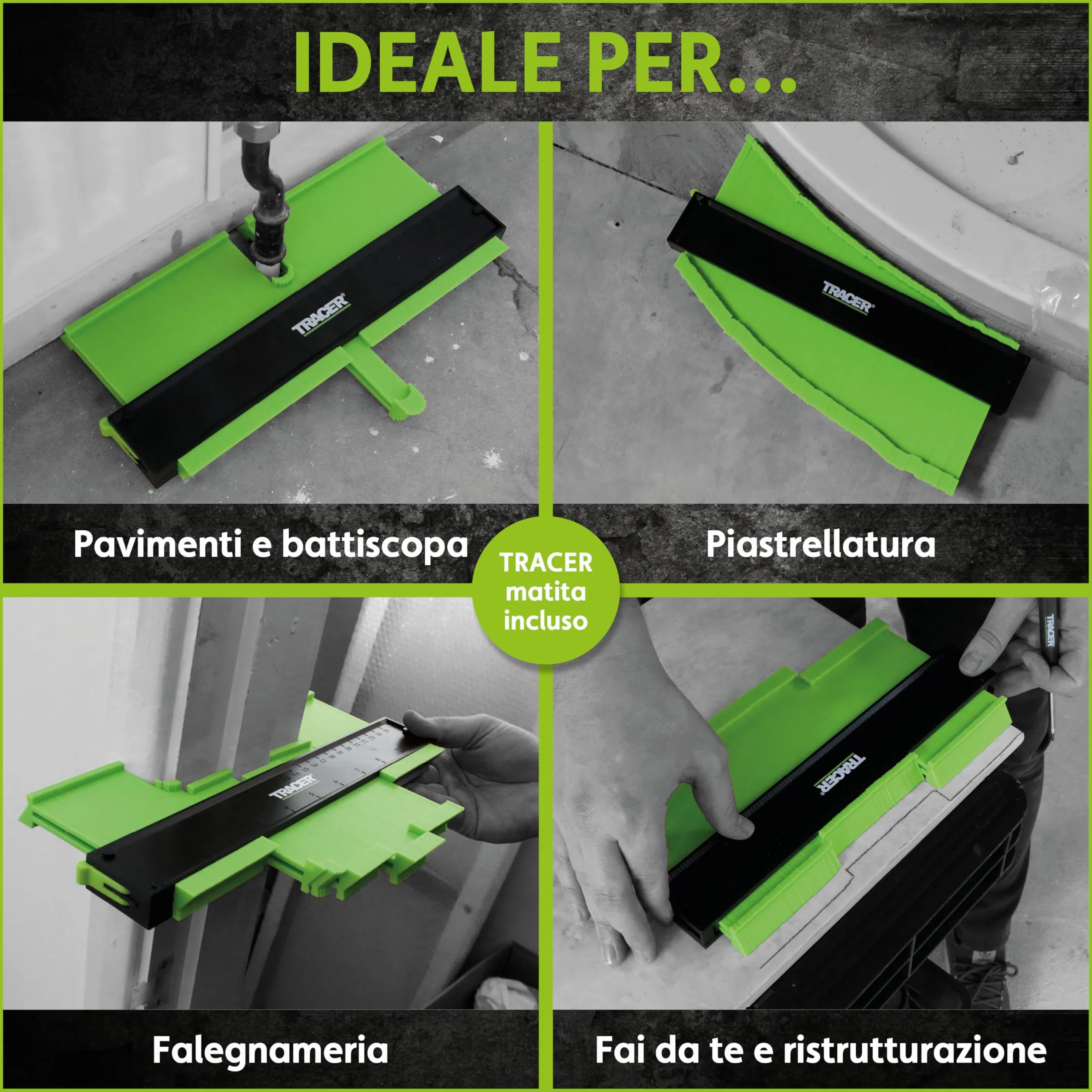 TRACER - Calibro per contorni, 250 mm, con matita per lavori di costruzione con fori profondi, set di matite per carpentieri
