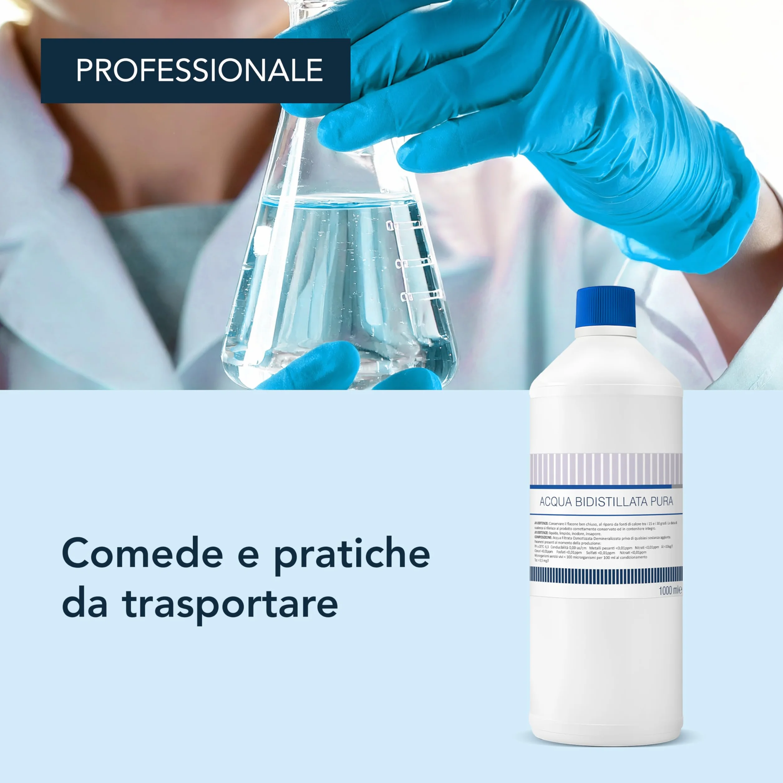 Acqua Bidistillata pura 1000 ml per uso clinico industriale Made in Italy