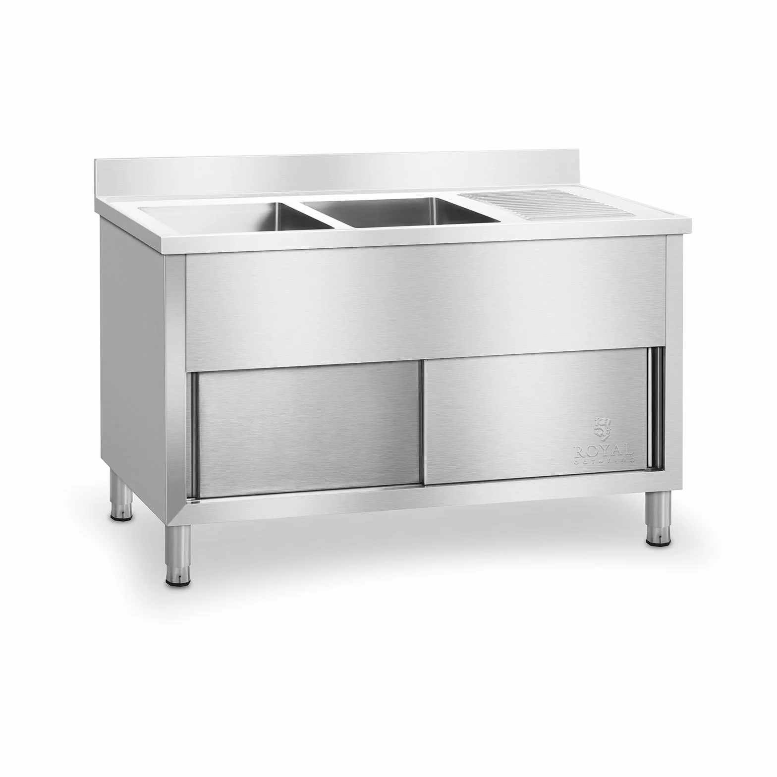 Royal Catering RCHS-1400WS Lavello Cucina Inox Lavello Armadiato Doppio Professionale (2 Vasche, Acciaio Inox, Porte Scorrevoli, 64x140x95,5 cm)
