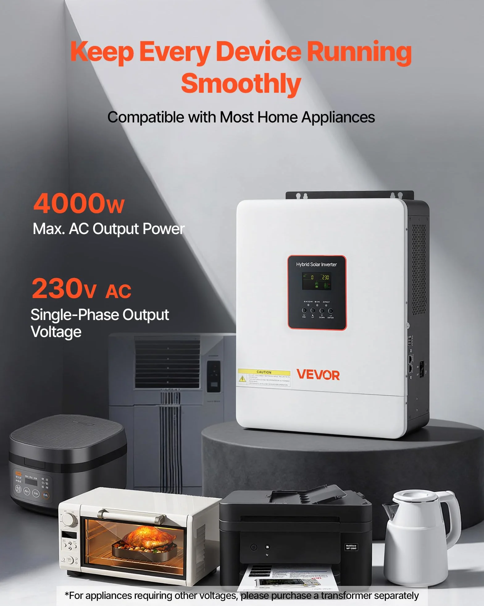 VEVOR Inverter Solare Ibrido 4000 W da 24 V CC a 230 V CA, Inverter e Caricabatterie a Onda Sinusoidale Pura con Regolatore Solare MPPT da 120 A Integrato, Modulo WiFi, Monofase