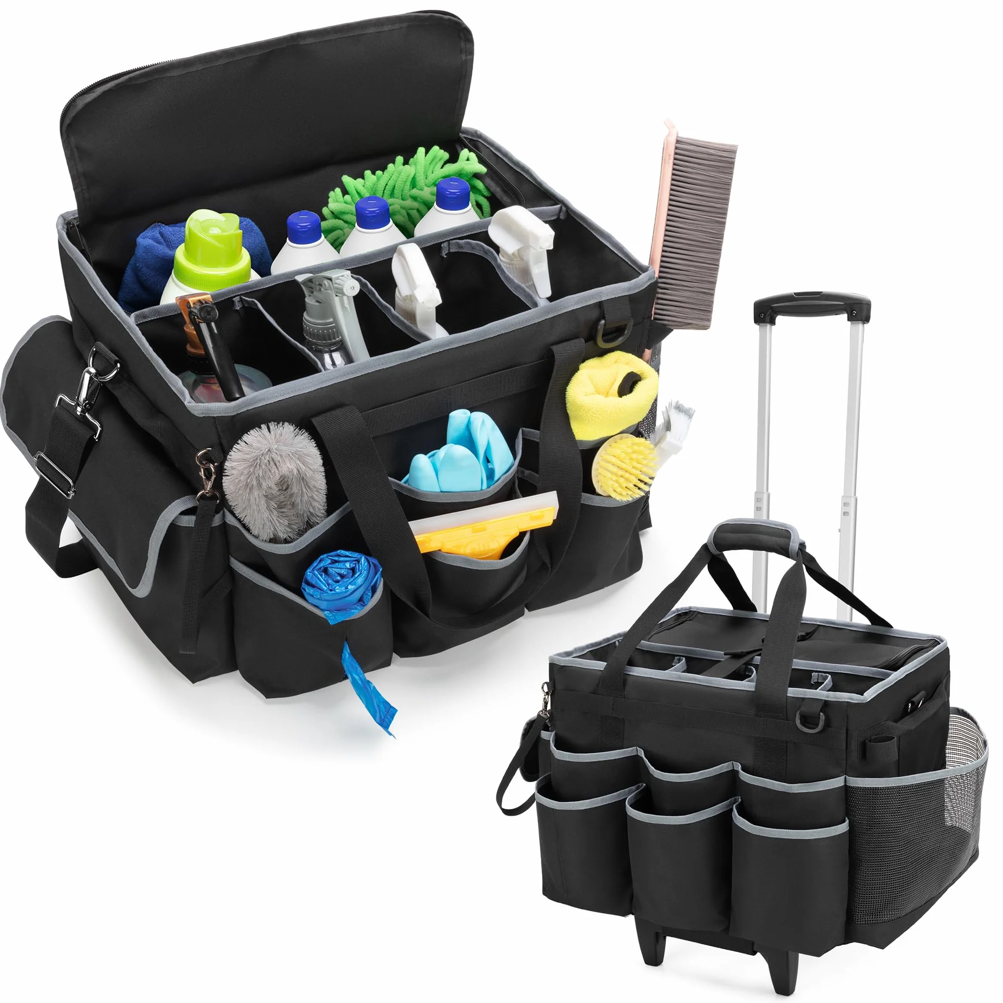 HODRANT Caddy per la Pulizia Grande con Trolley Staccabile e Tracolla, Borsa per Prodotti per la Pulizia con Piastre di Supporto Tutt'intorno e Tasche, Borsa Organizer per Pulizia con Rotelle