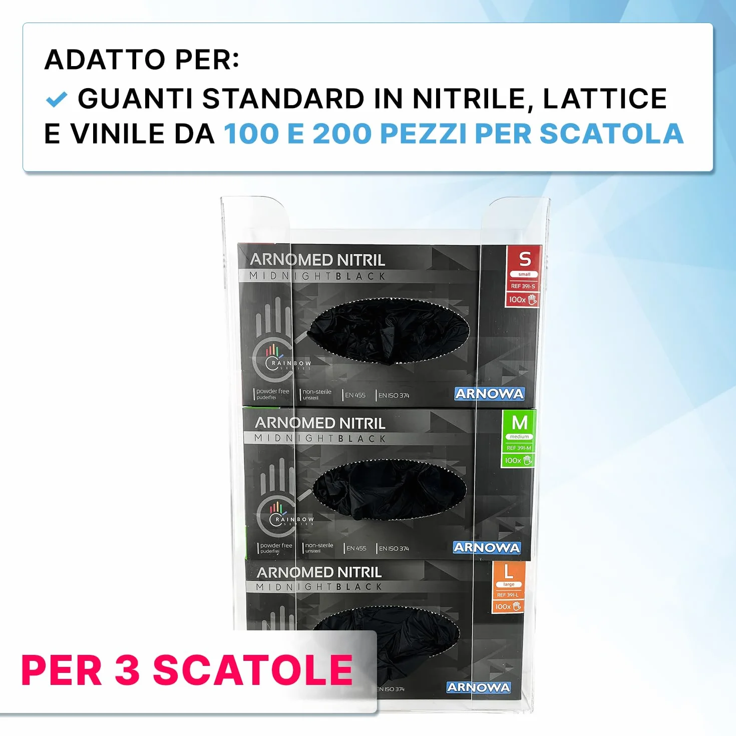 ARNOMED Porta guanti in lattice 3 dispenser parete per 3 scatole acrilico trasparente 24,6x8,1x41 cm
