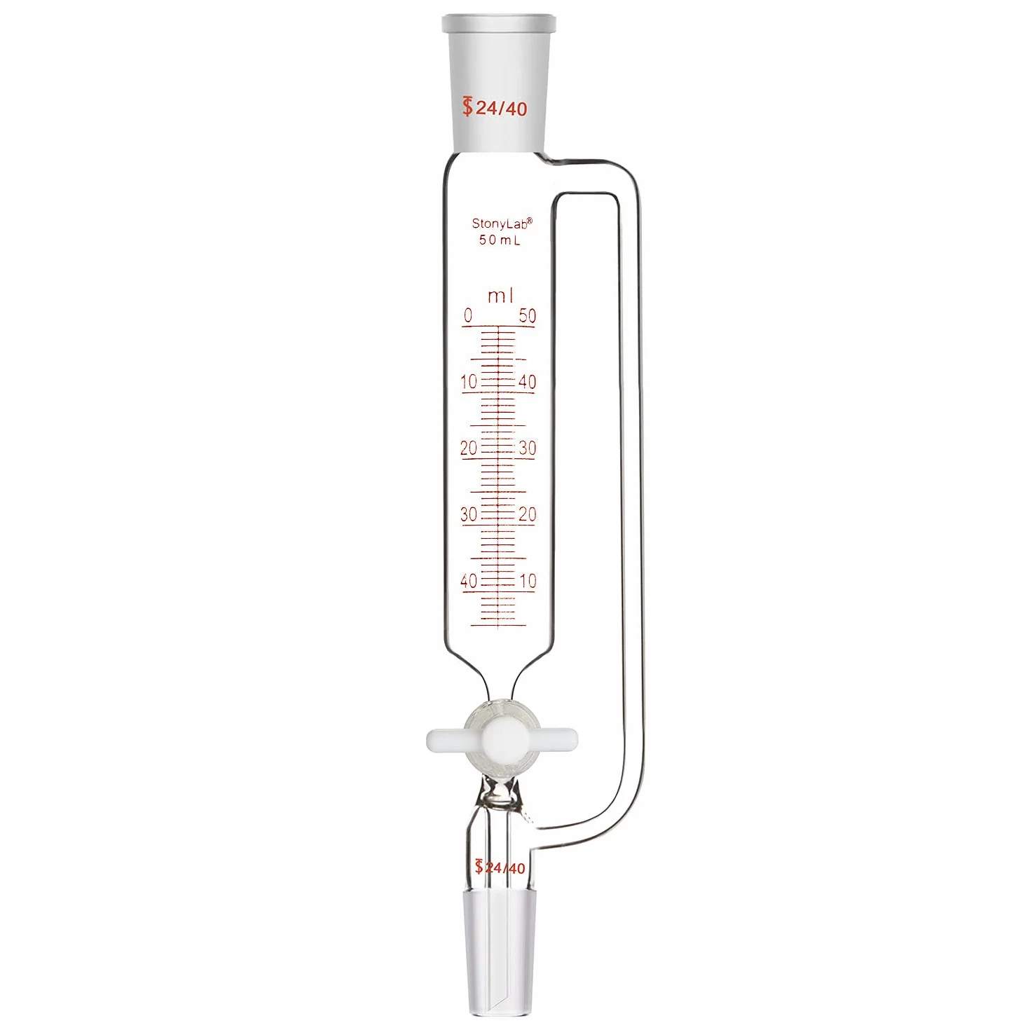 stonylab Imbuto Graduato a Pressione Bilanciata, Addition Funnel Dropping Funnel Imbuti Gocciolatori in Vetro Borosilicato con Tappo di Arresto in PTFE per Laboratorio (24/40 Joint, 50 ml)