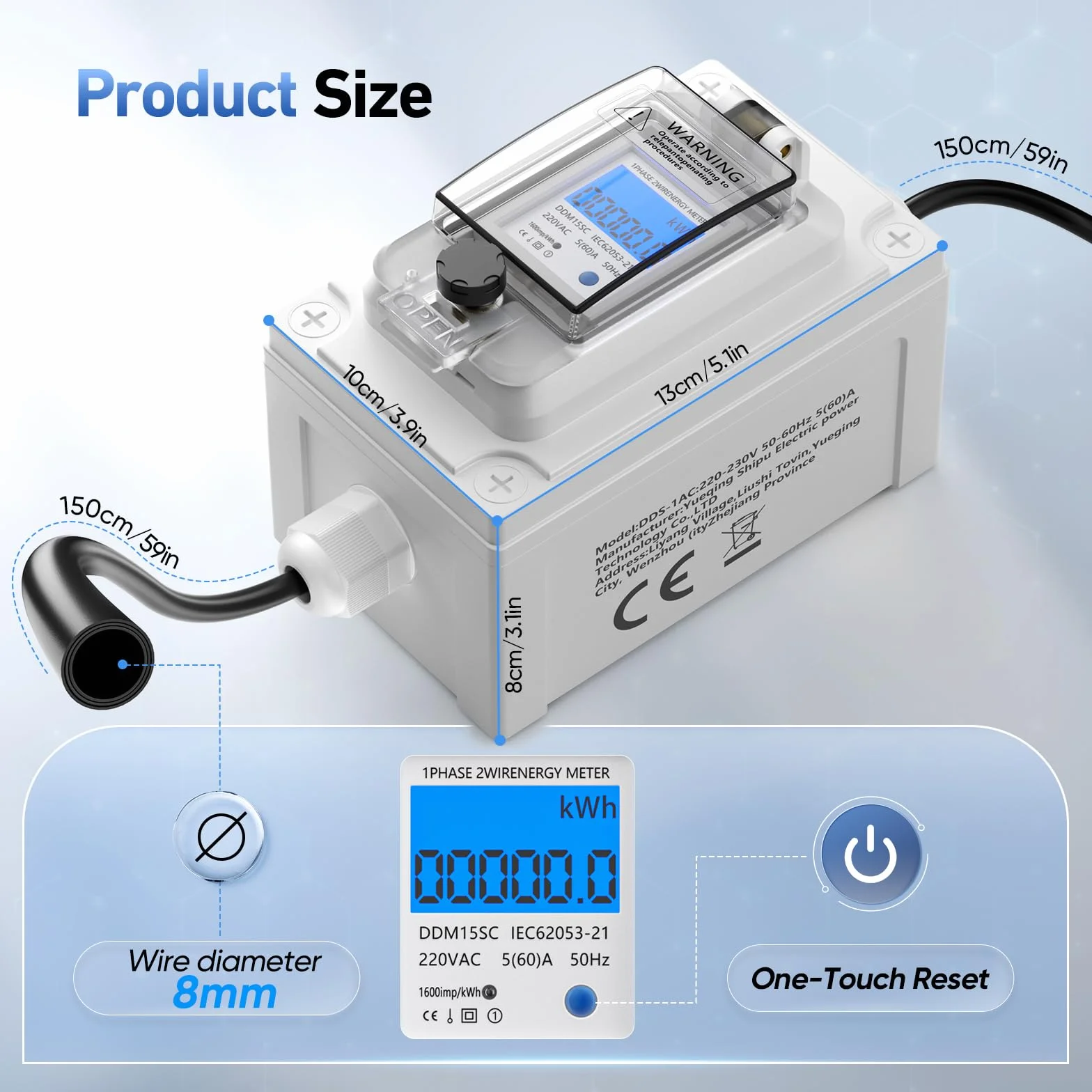 Contatore elettrico digitale portatile 230 V, monitor del consumo di energia con spina industriale/cavo in gomma, monitor di energia portatile impermeabile IP67 per camper/elettricità