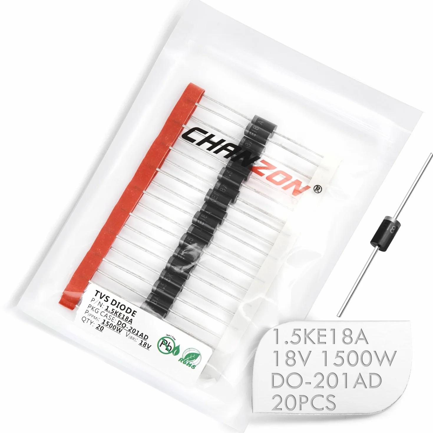 Chanzon Diodi TVS 1.5KE18A 1.5KE18 1500W 18V DO-201AD Canale Unidirezionale