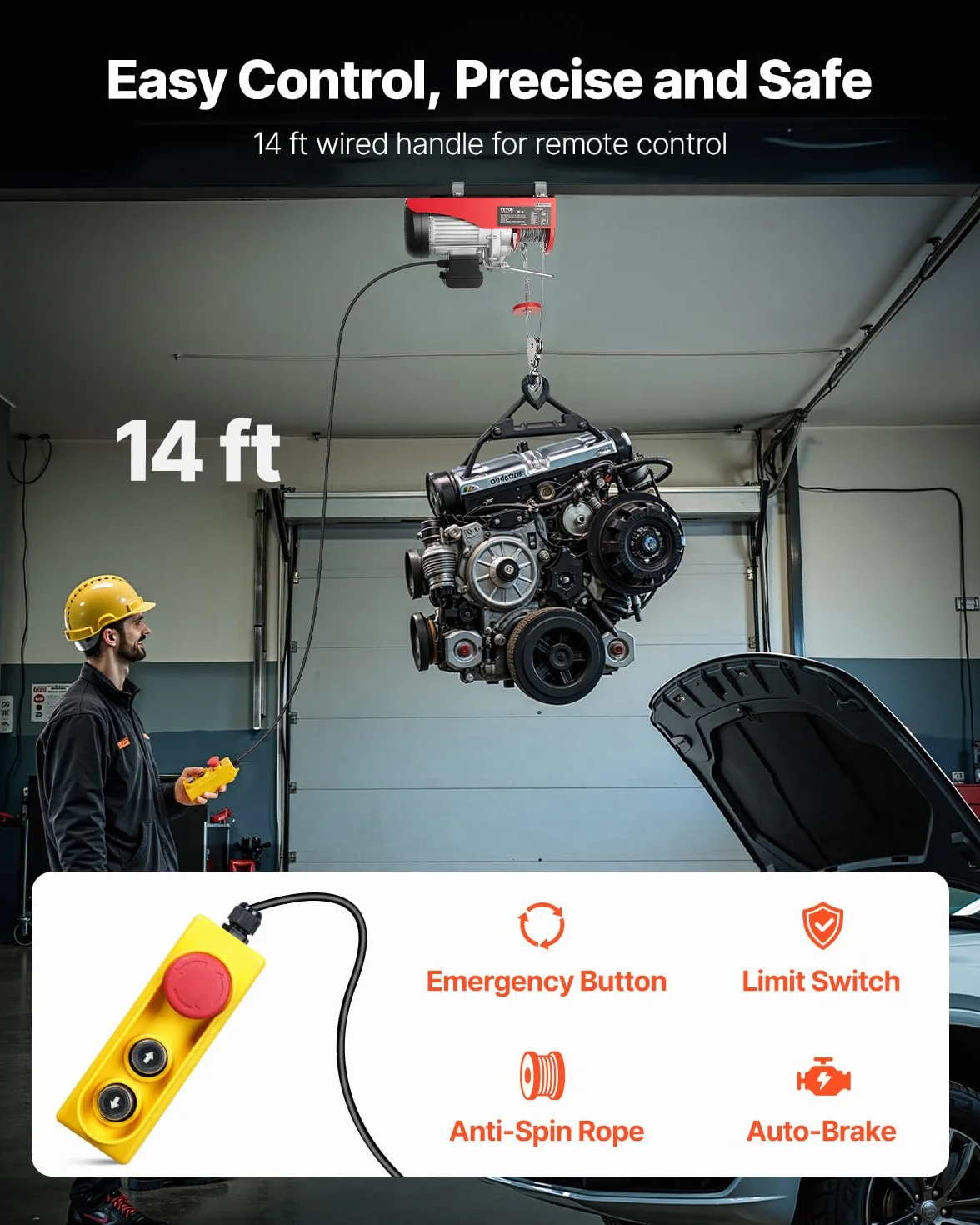 VEVOR Paranco a Leva Elettrico 1150 W Carico Max. da 600 kg Altezza di Sollevamento 12 m Motore con Telecomando, Paranco Elettrico a Leva per Sollevamento Carico Velocità 10 m/min da Garage