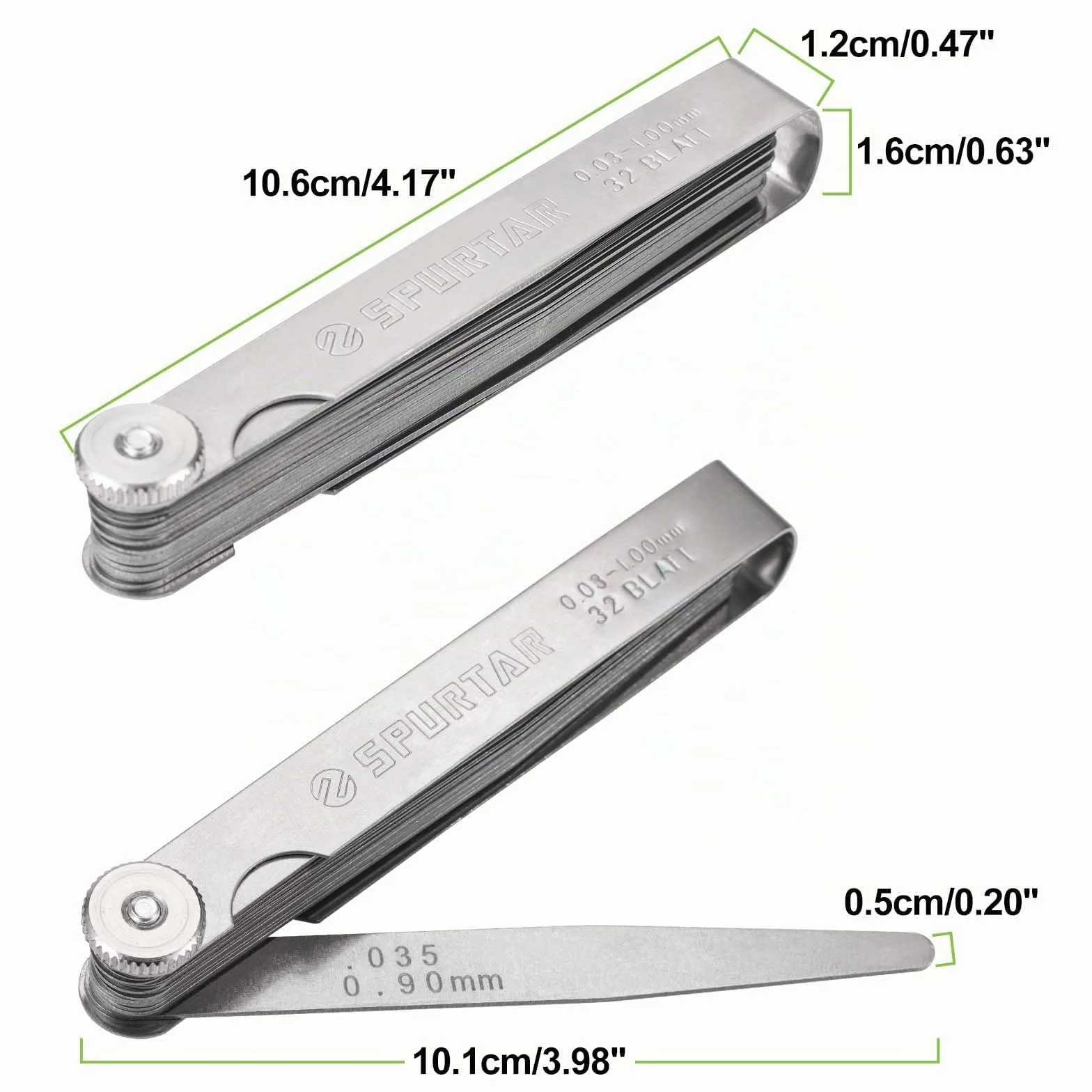 Spurtar Spessimetro 32 Lame 0,03-1,00mm/0,001-0,04" Strumento di Misurazione in Acciaio