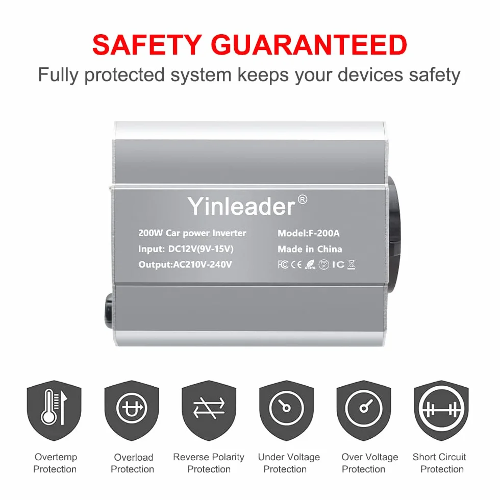 Yinleader Inverter da 200 W, 12 V a 230 V, 1 prese europee, 2 convertitori USB per auto, per caravan e campeggio