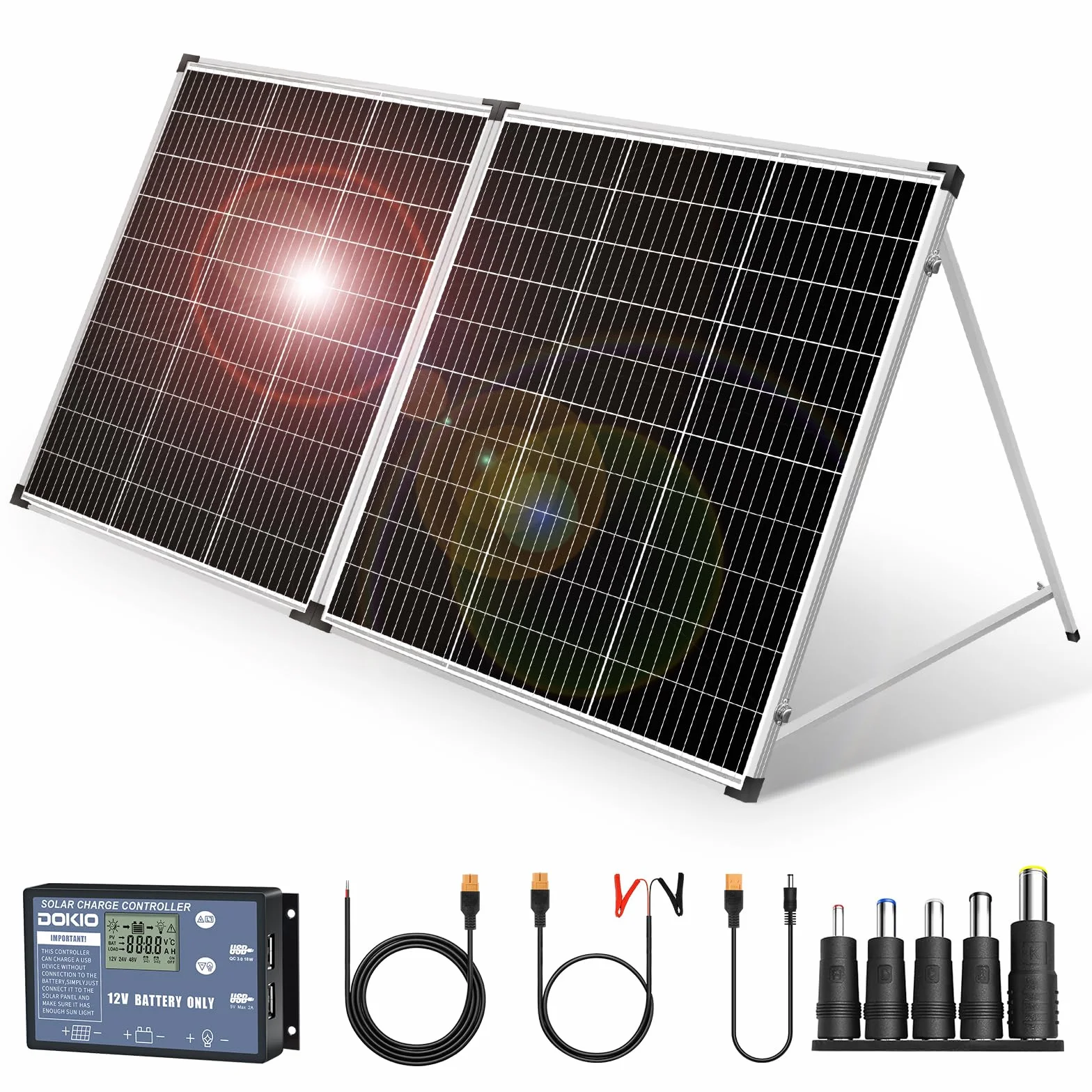 DOKIO Pannello Solare Portatile 200W Monocristallino con 20A Regolatore (display LCD + 2 uscite USB)
