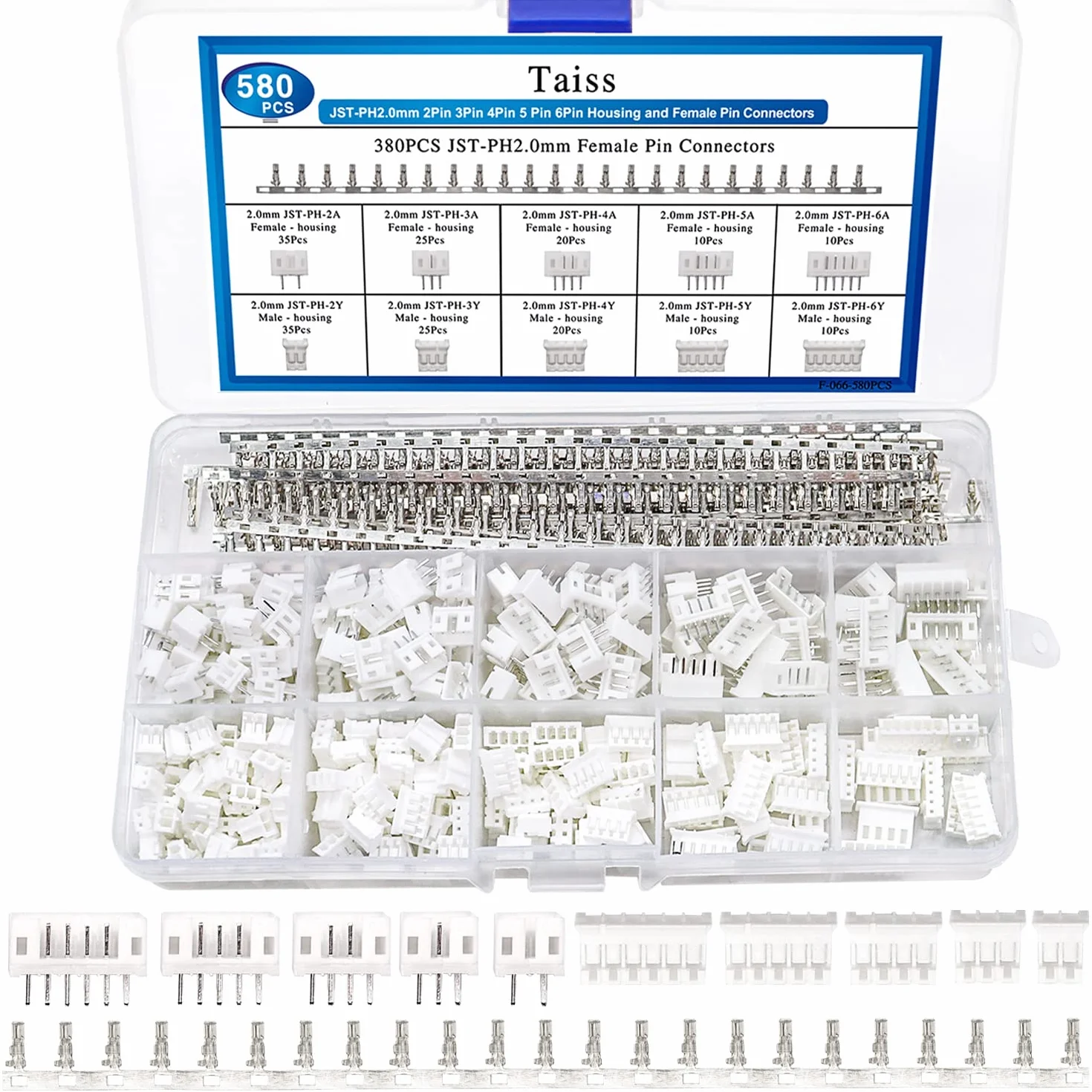 Taiss 580 pezzi Kit del connettore JST PH 2,0mm 2/3/4/5/6 pin Connettore Adattatore Terminale Maschio Femmina connettore spina del connettore del cavo,connettore femmina da 2.0mm F-066-580PCS
