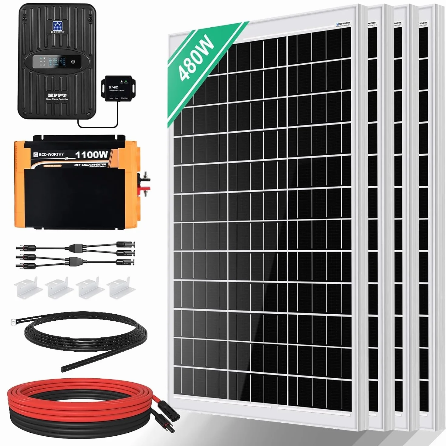 ECO-WORTHY 2KWH - Impianto solare completo 480 W 12 Volt per RV Off Grid con batteria e inverter: pannello solare da 480 W + regolatore di carica MPPT da 40 A + inverter da 1100 W
