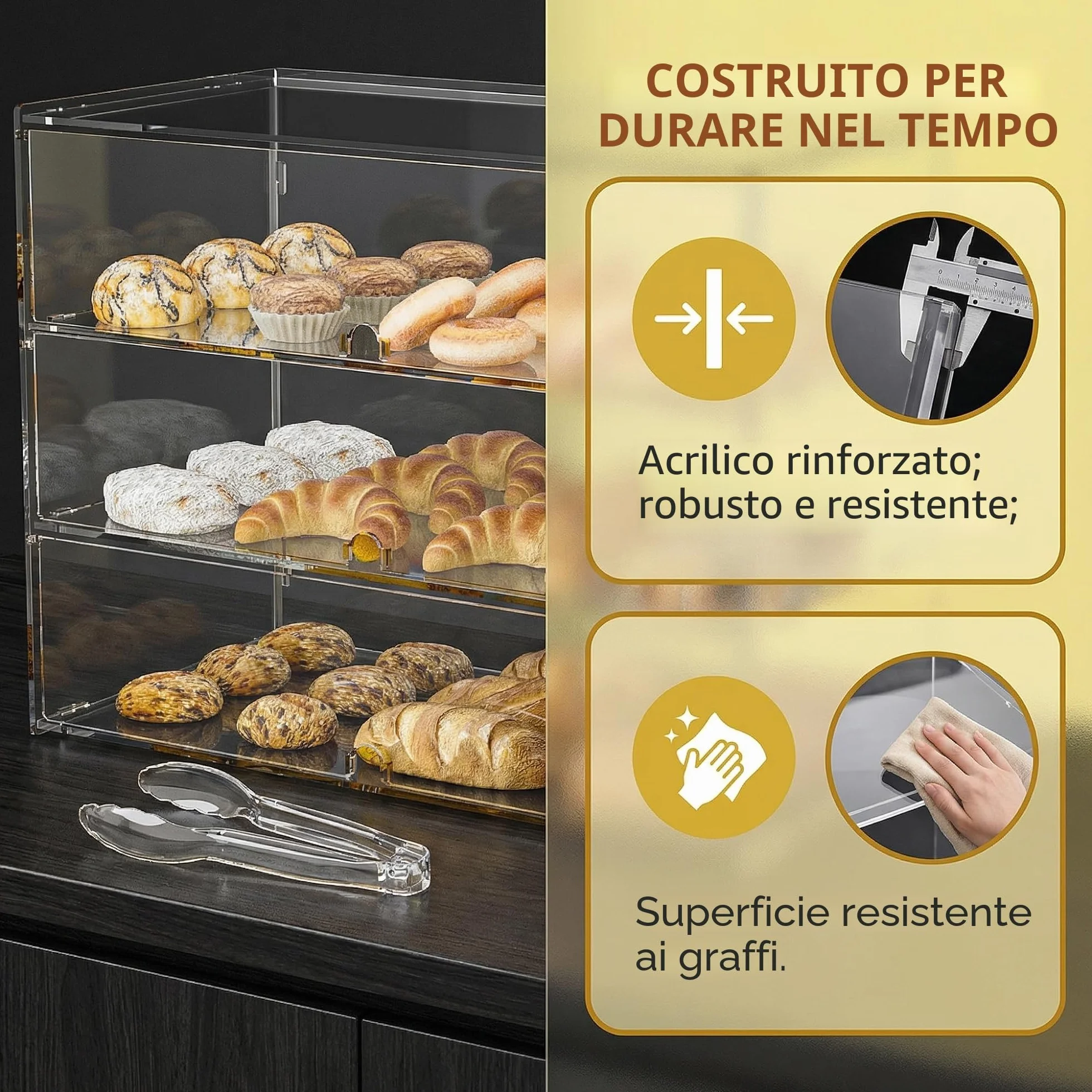 3 ripiani in acrilico trasparente per panetteria, vetrina da 5 mm, pannelli PETG ad alto impatto, 49.5 x 38 x 26 cm, porte anteriori con fori per le dita