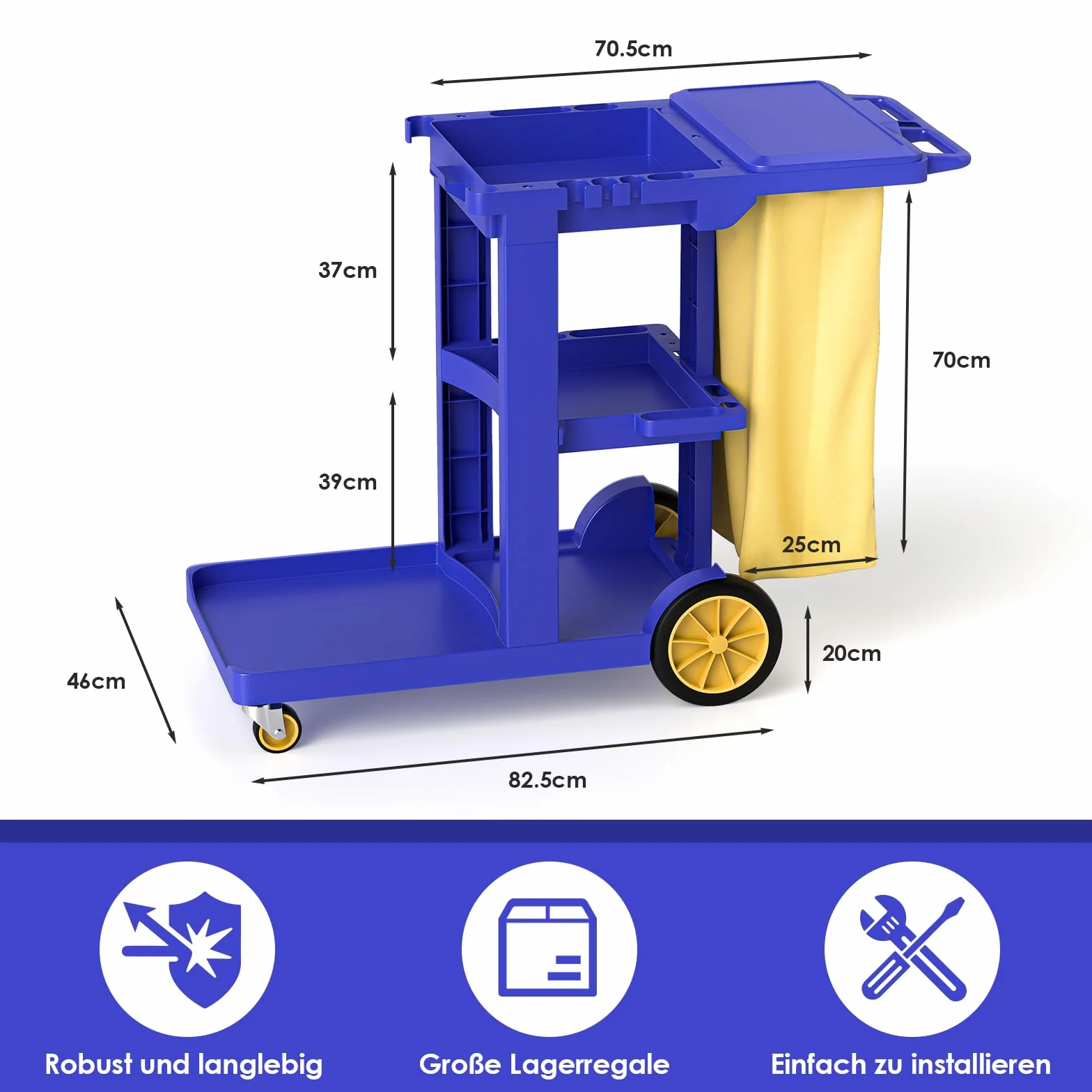 Carrello per pulizie con 3 scomparti, carrello per pulizie professionale per uso commerciale, 83 x 46 x 90 cm, carrello domestico con 4 ruote, grande capacità 65 L, sacco per rifiuti per