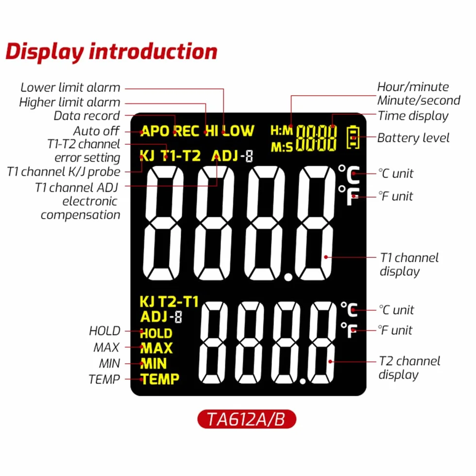 Termometro a termocoppia tipo K/J 4 canali -200~1372℃ alta precisione con USB e allarme