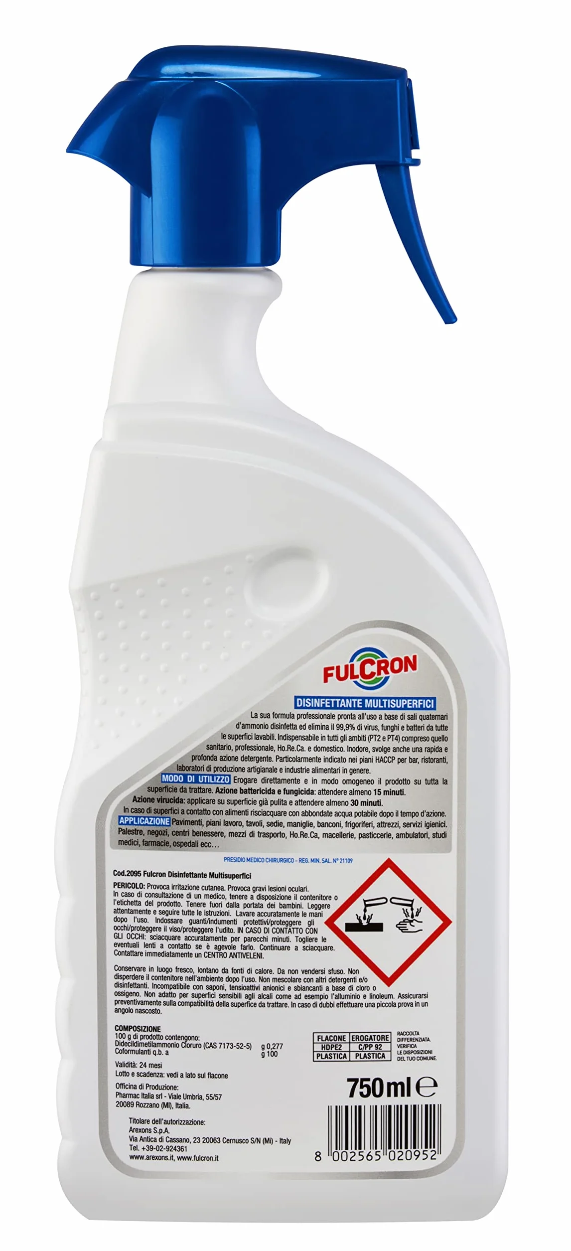 FULCRON Disinfettante Multisuperfici 750 Ml, Detergente Inodore, Elimina 99,9% di Virus Funghi Batteri