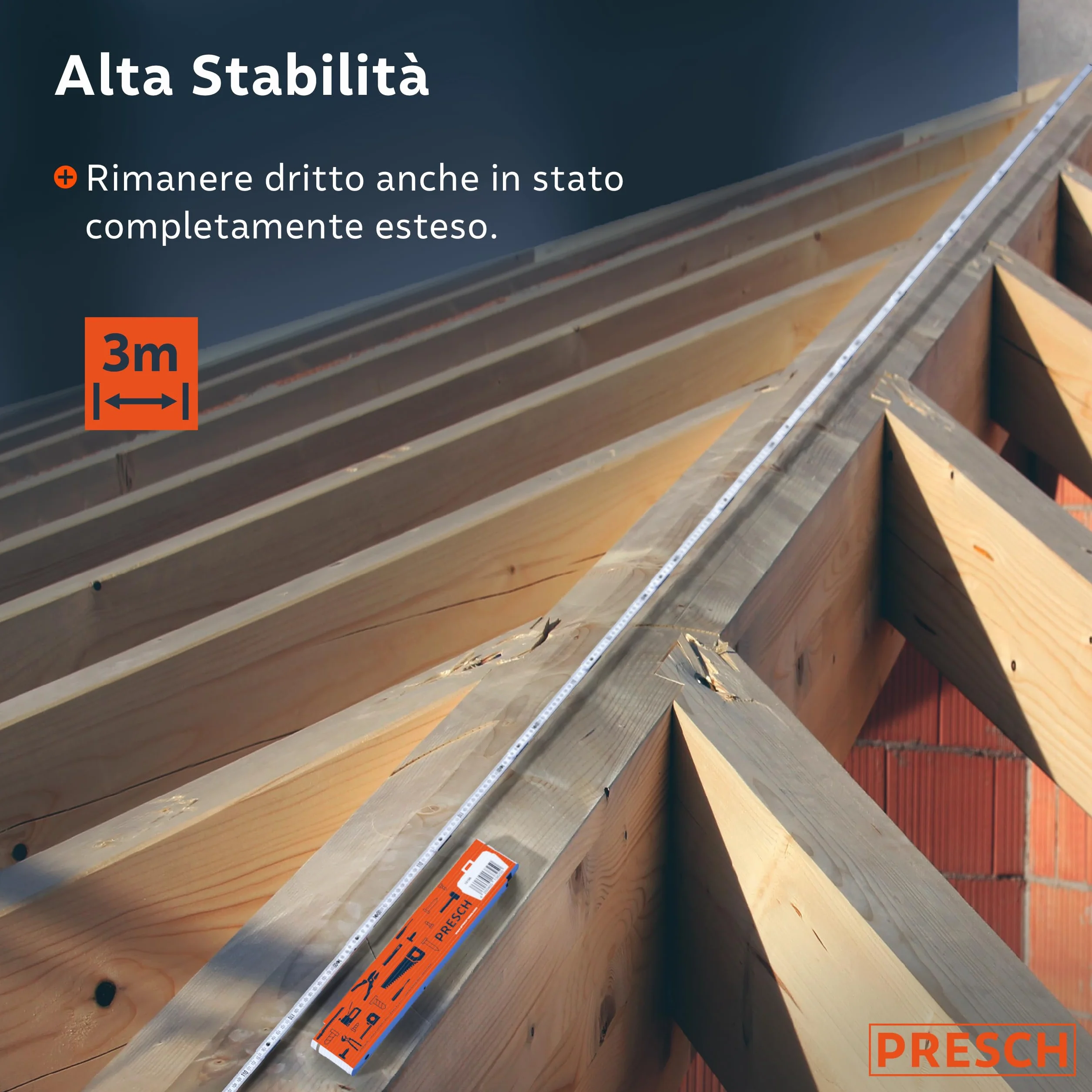 Presch Metro Pieghevole da 3 Metri con Scala degli Angoli - Legno Arancione - Numeri Grandi - Metro Righello con Motivo Strumenti