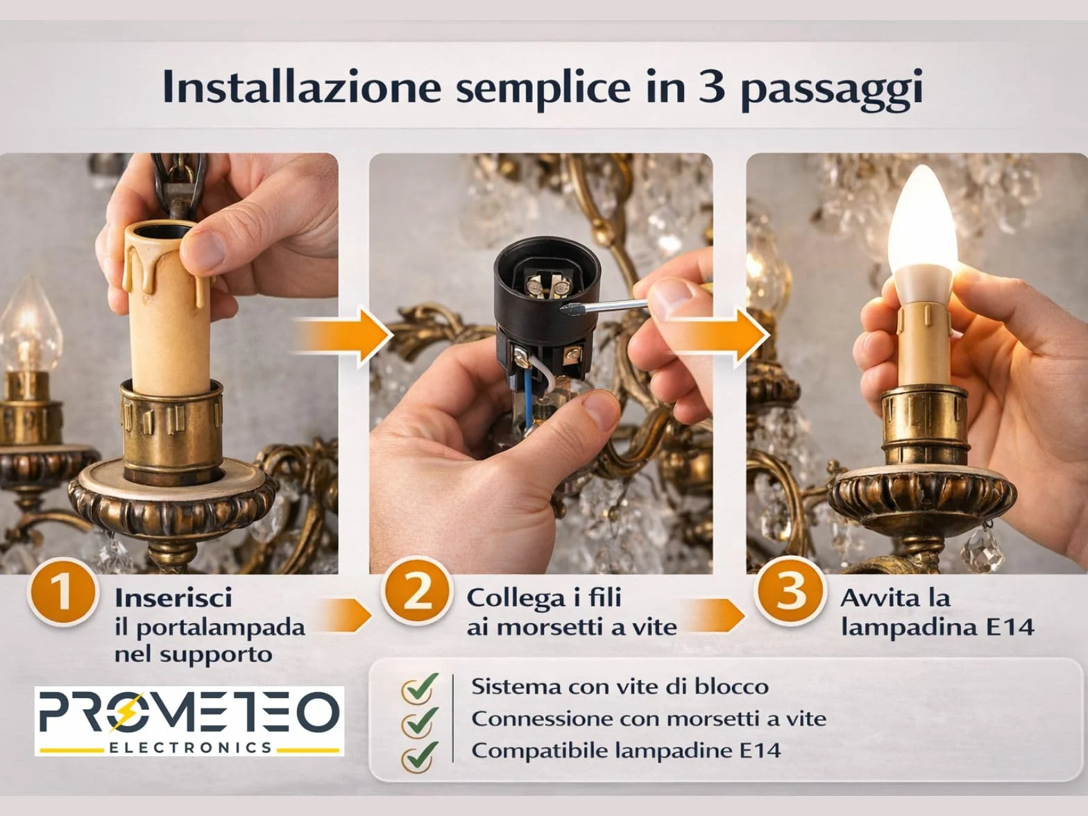 Kit 6 Portalampade E14 Finta Candela Antichizzata – Portalampada Vintage per Lampadari Classici – Attacco E14 con Nipplo M10 e Vite di Sicurezza – H65 mm