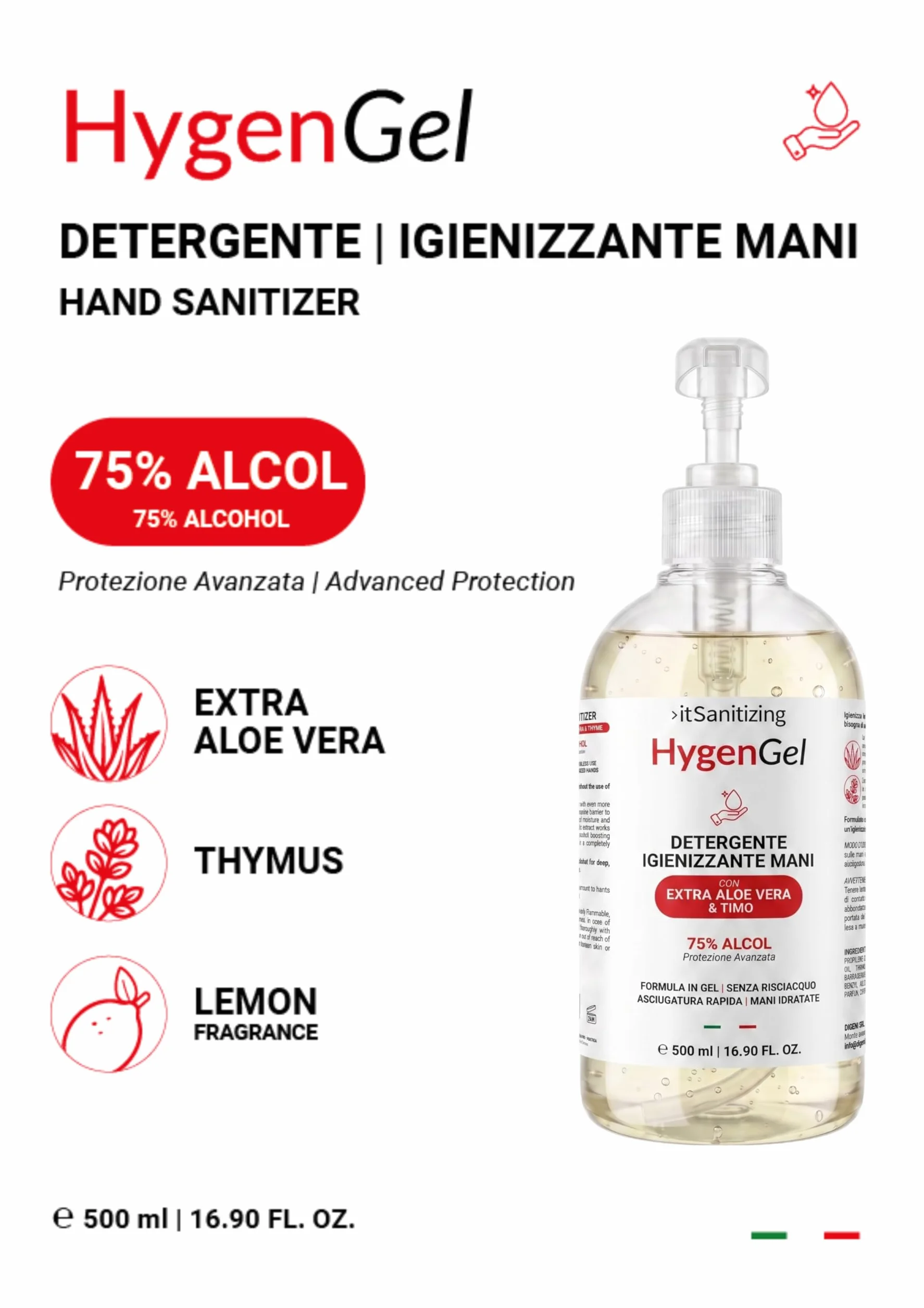 Hygien Gel Alcool 75% z Aloe Vera i Tymiankiem - 4 x 500 ml Bez Spłukiwania