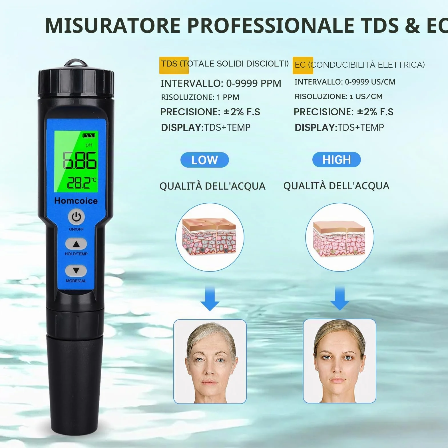 Misuratore PH 4 in 1, PH TDS EC Temperatura Meter con precisione da Laboratorio 0,01 PH, compensazione Automatica Temperatura, Tester qualità Acqua IP67 Impermeabile per Piscine, idrocoltura