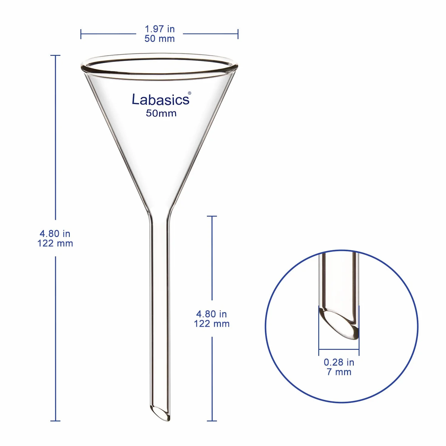 Labasics 2 Pezzi Imbuto in Vetro Borosilicato Glass Funnel, Imbuti da Laboratorio, Gambo Corto Diametro 50 mm, Lughezza Stelo 50 mm