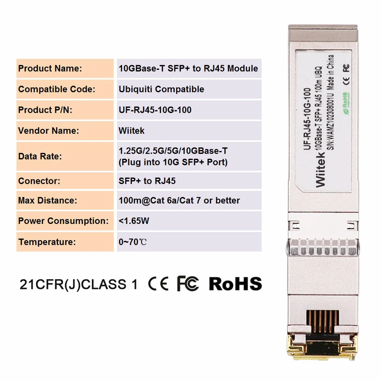 Modulo SFP+ 10 Gb RJ45 Ricetrasmettitore Ethernet 2.5G/5G/10GBase-T Rame per Ubiquiti UF-RJ45-10G