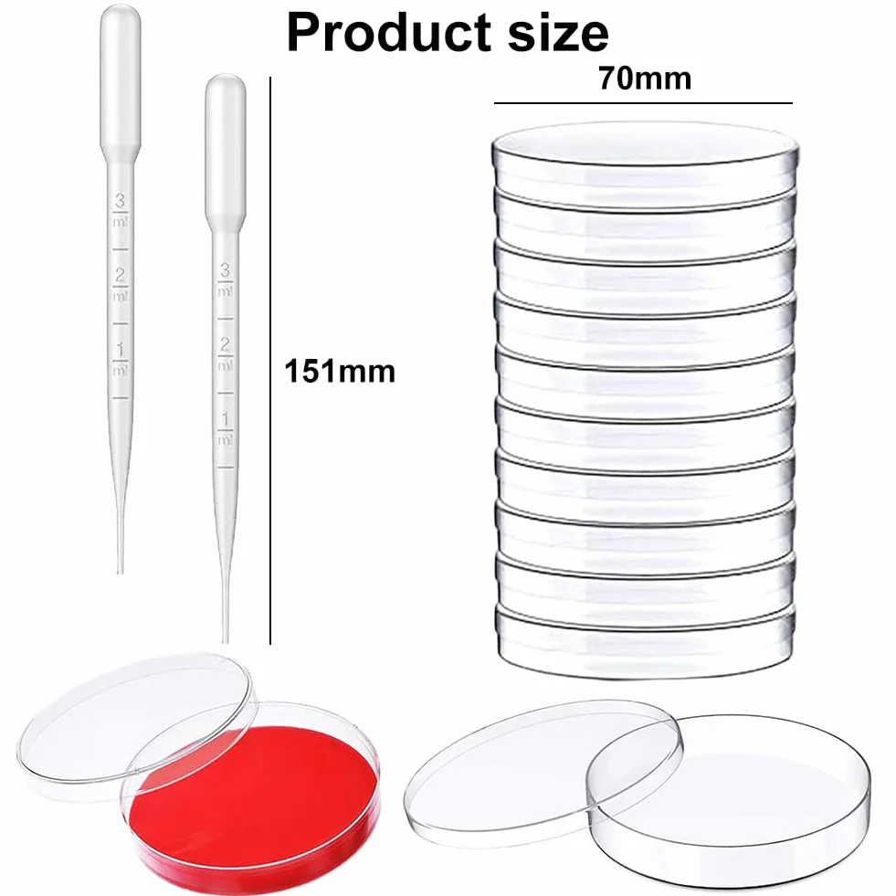 Piastra Petri,Petri Dishes,Piastra Petri in Plastica,Piatti Petri in Vetro, per Cultura di Laboratorio Lievito Batterico,10 con 2 Pipette di Trasferimento per Cultura di Laboratorio Lievito Batterico
