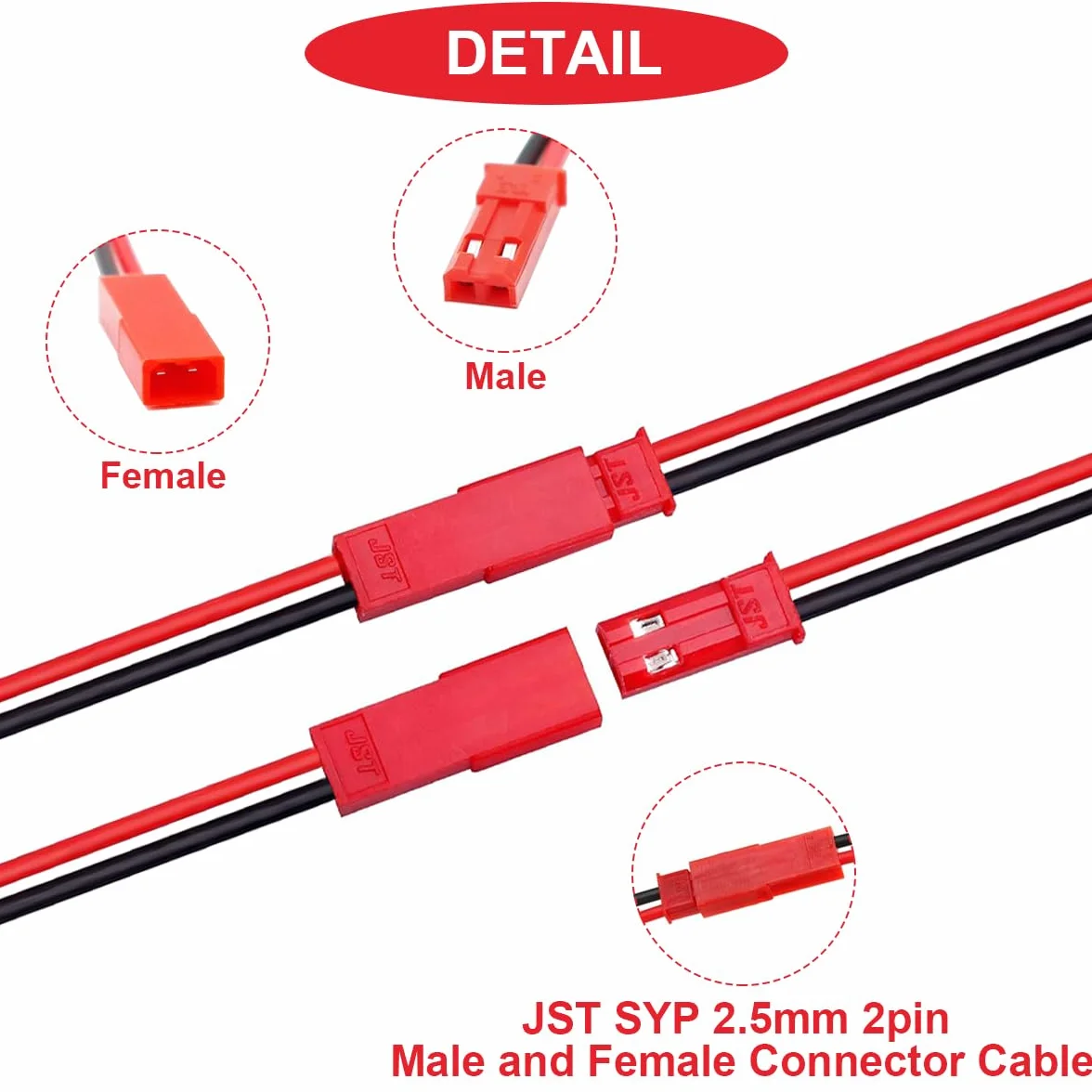JST SYP - Cavo connettore maschio e femmina da 2,5 mm, 2 pin, 15 paia, con UL1007 20AWG 100 mm, rosso e nero, cavo e tubo termorestringente per striscia di lampade a LED, giocattoli