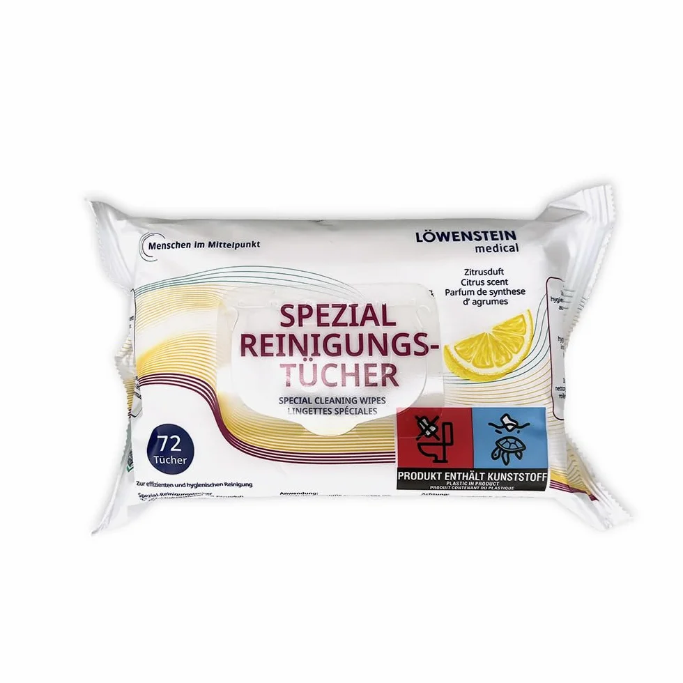 Löwenstein Salviette speciali – 1 x 72 pezzi – Fragranza: agrumi – Dimensioni panno 14 x 19 cm – Pulizia di superfici in plastica (ad esempio maschere e accessori CPAP in plastica)
