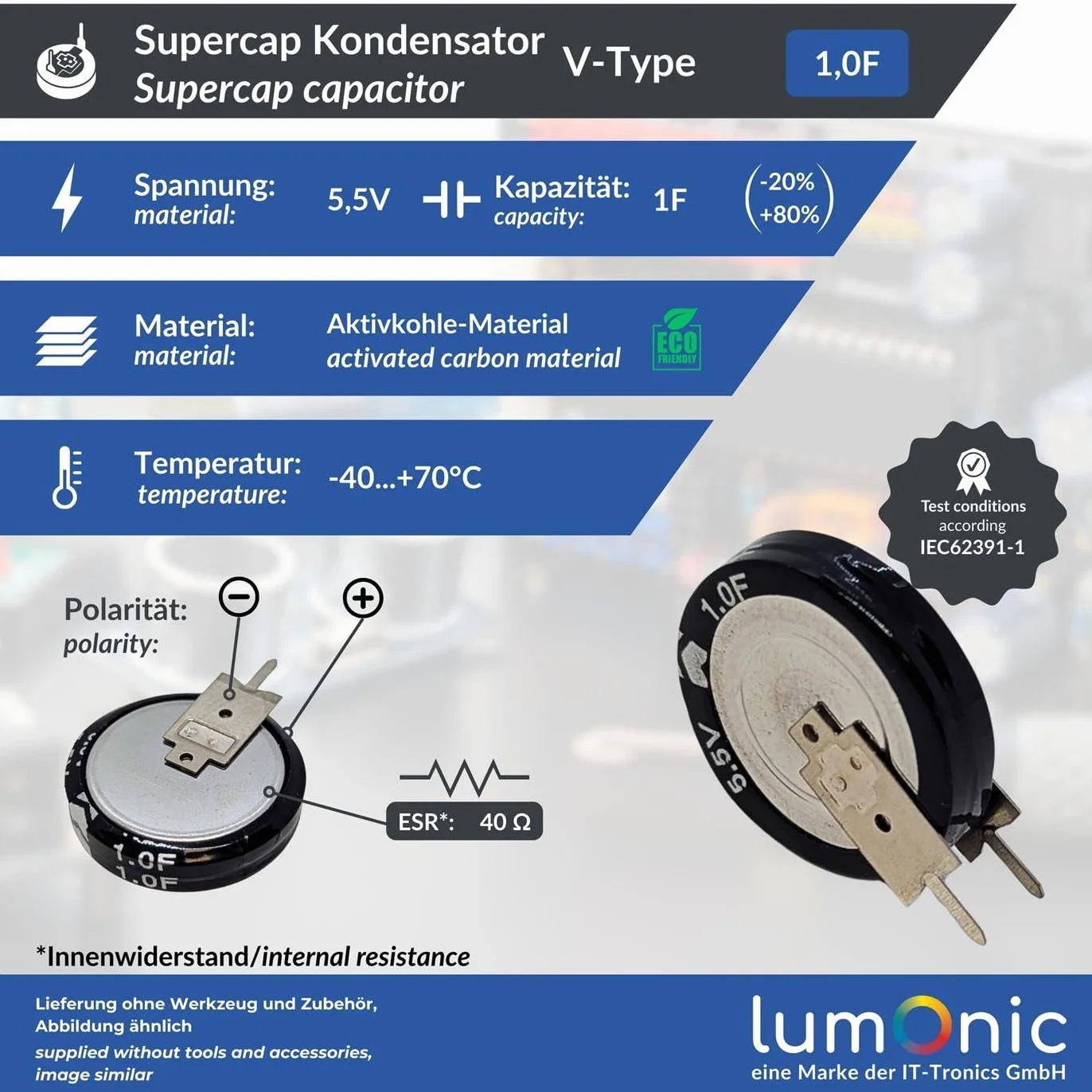 Lumonic Supercap 1,0F 5,5V V-Type EDLC Monoblocco Protezione da sfarfallio Backup PLC Riscaldamento
