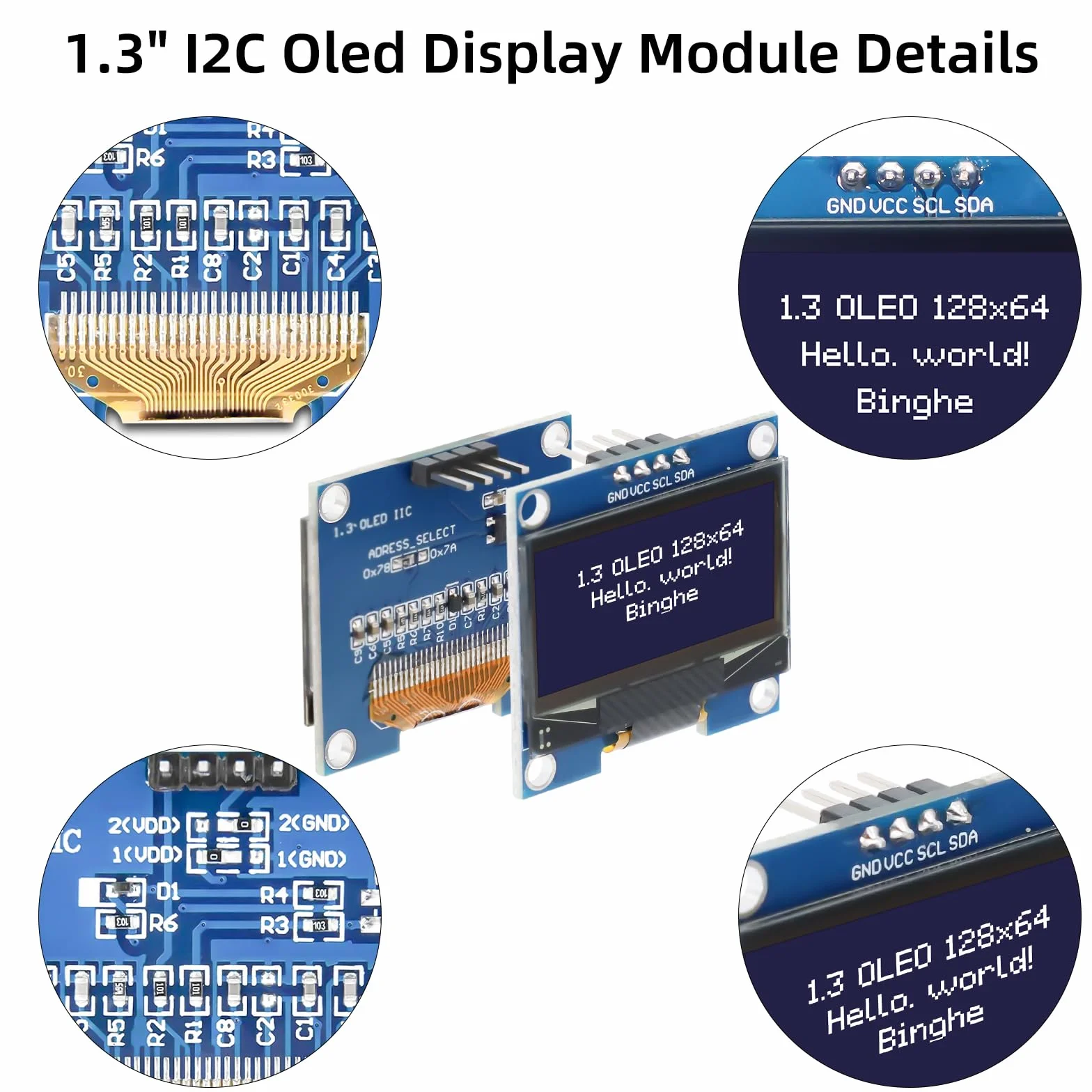 1,3" OLED I2C Display Modulo Binghe 1,3 Zoll LED OLED Display I2C IIC OLED Display con SSH1106 Chip 128 x 64 Pixel I2C Display su schermo con Caratteri bianchi Compatibile con Arduino/Rasp-Pi