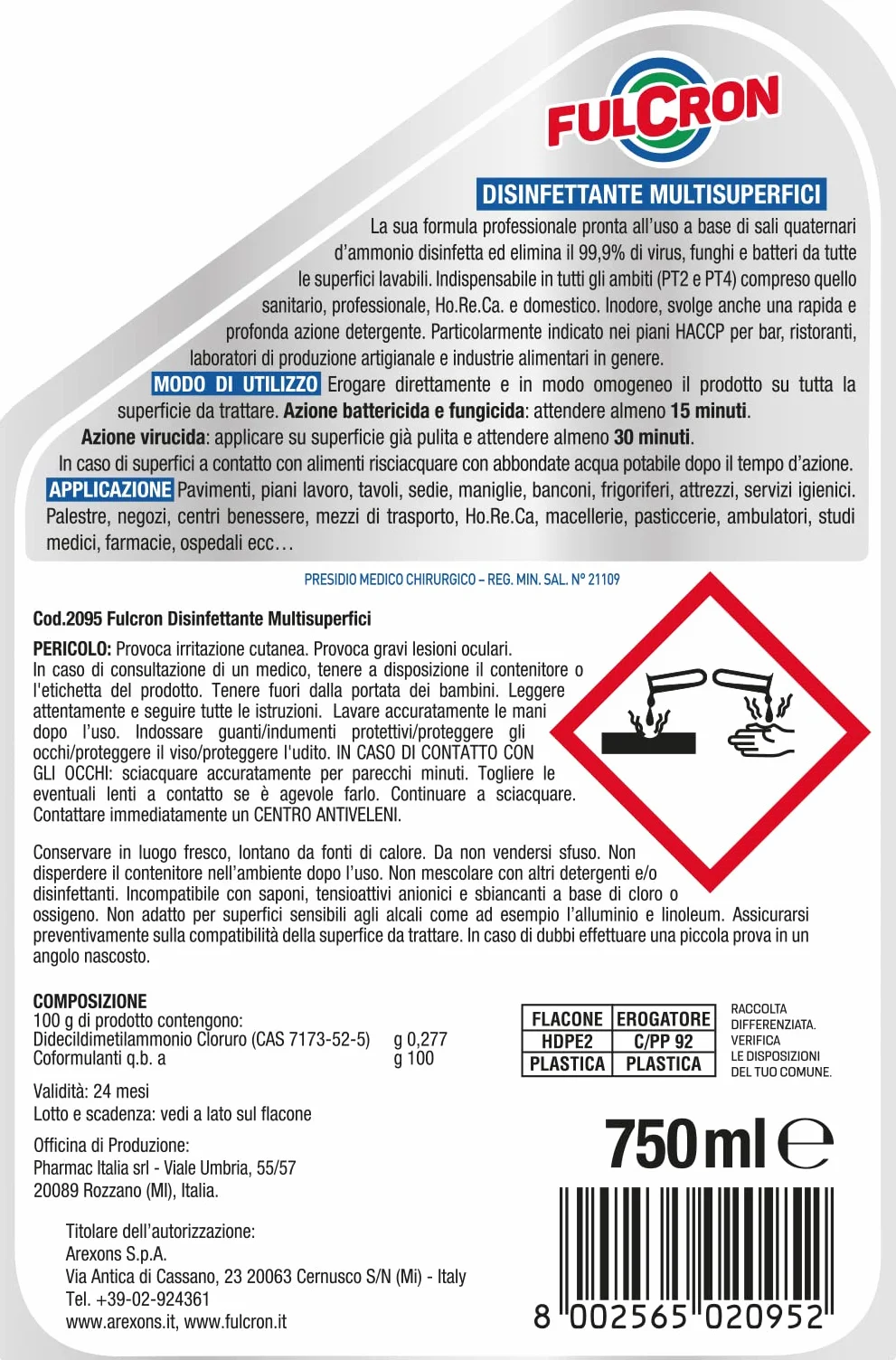 FULCRON Disinfettante Multisuperfici 750 Ml, Detergente Inodore, Elimina 99,9% di Virus Funghi Batteri