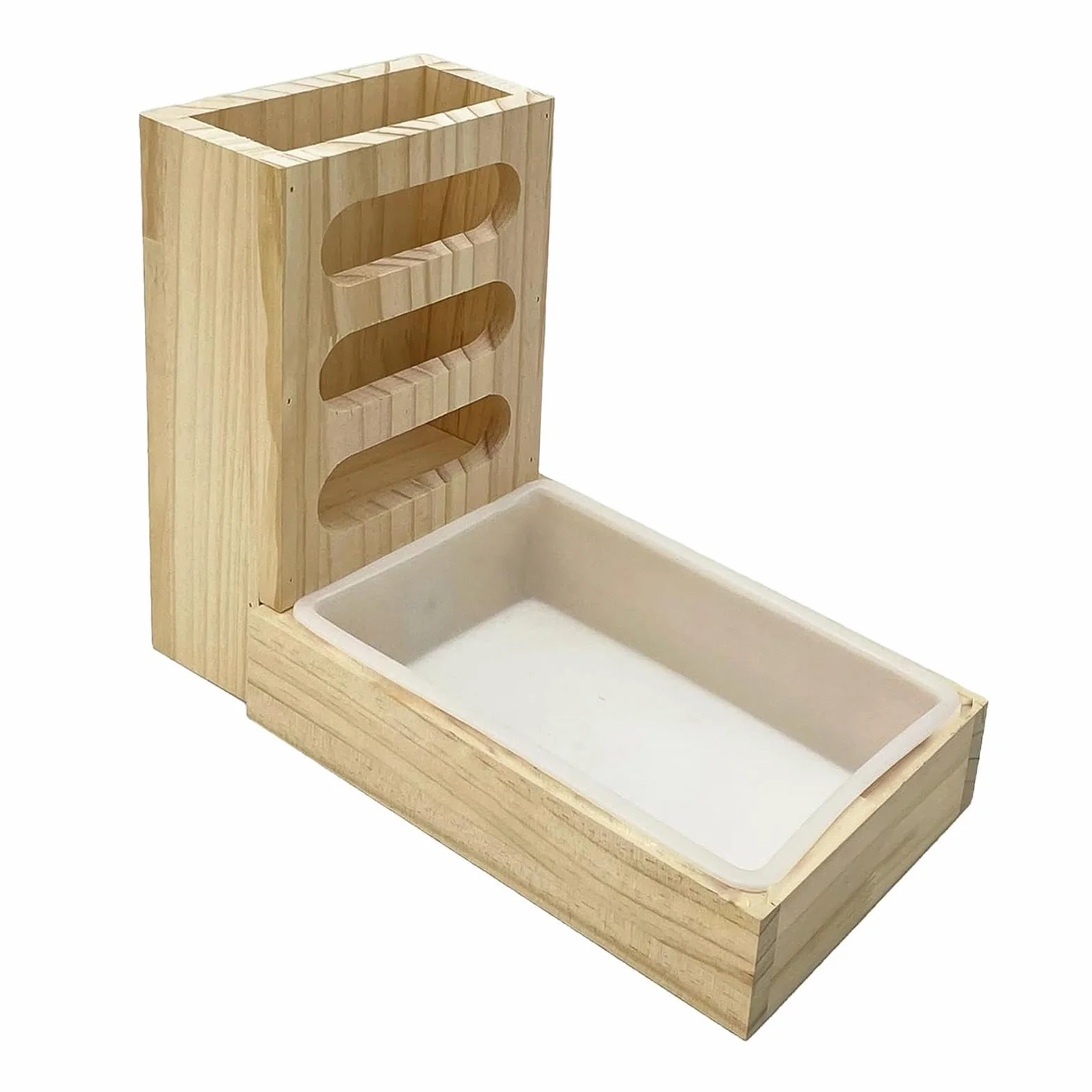 Mangiatoia per fieno in legno per conigli con lettiera. La costruzione di qualità mantiene l'habitat pulito in modo efficiente con la massima capacità di stoccaggio.