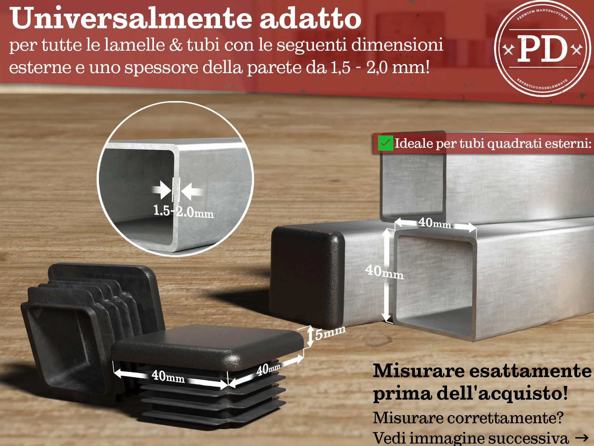PD® Tappi a Lamelle 40x40 mm per Tubo Quadrato in Plastica PE | Per Coprire Tubi in Acciaio Inox, Alluminio e Profili | Quadrati Neri | 4 Pezzi