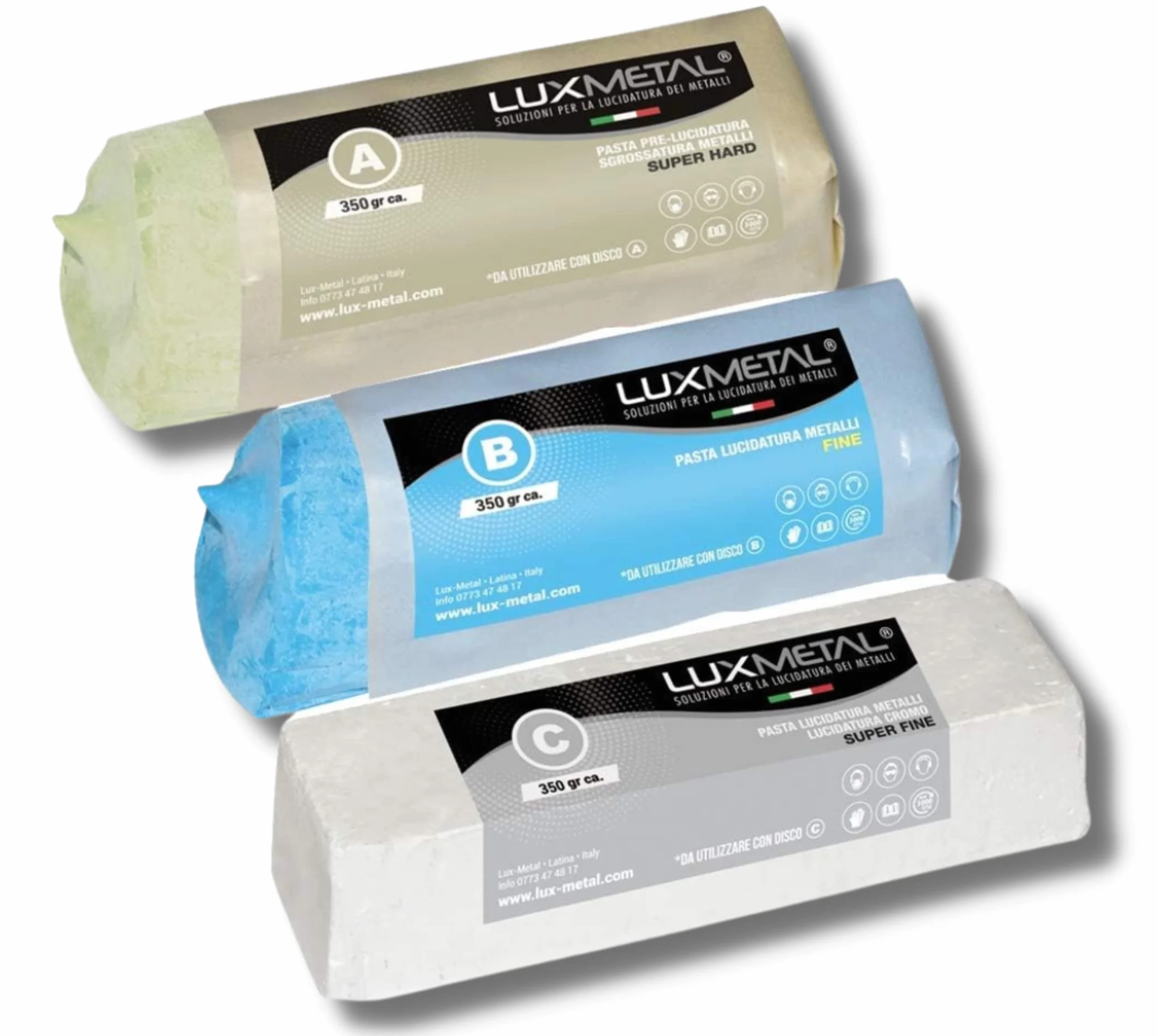 Lux Metal Kit 3 Pasta Abrasiva Lucidante 350 gr (A-B-C) Set Lucidatura Acciaio Inox Cera Solida Per Lucidare Metalli A Specchio Alluminio Lucida Cromature Legno Plexiglass Marmo Ottone Rame Plastica