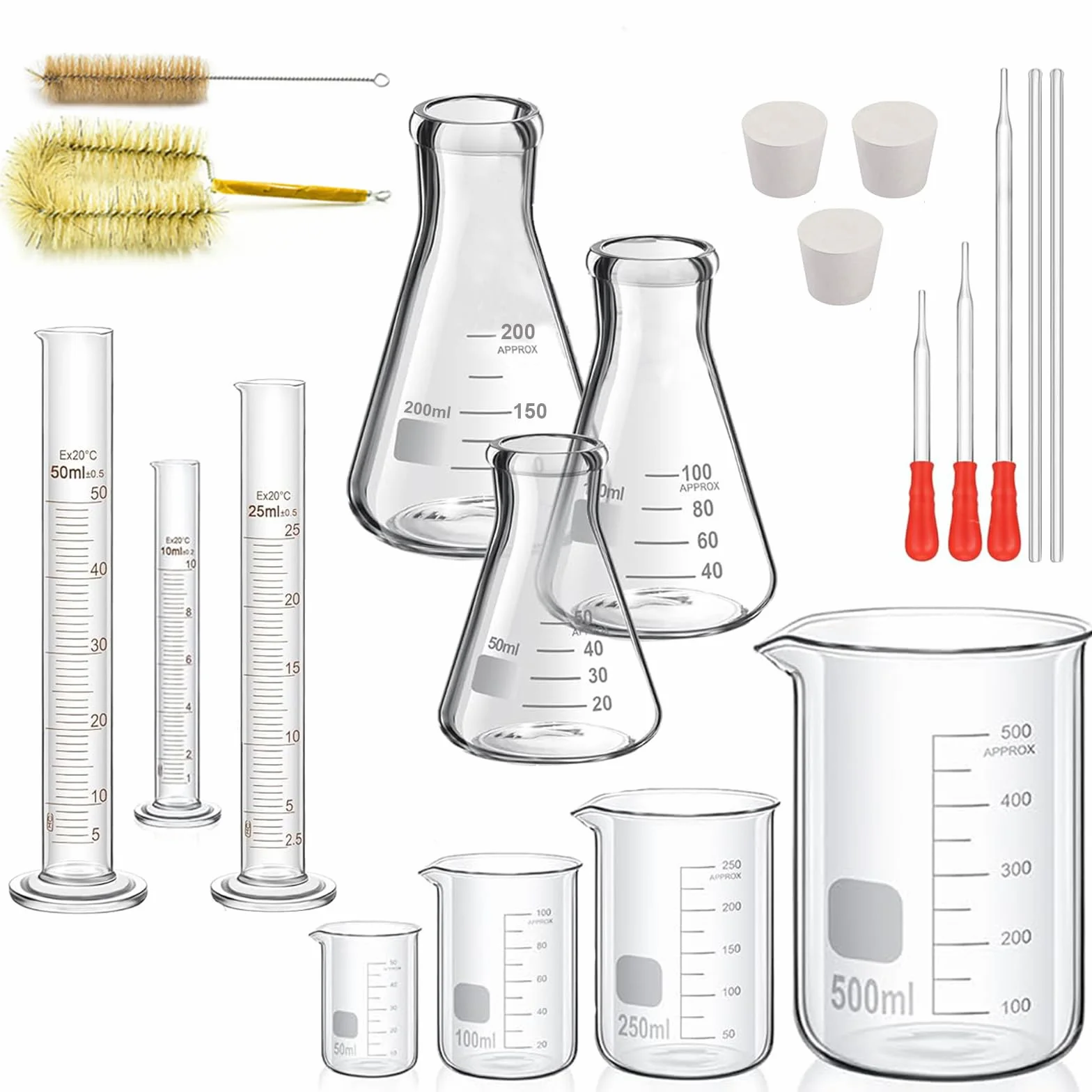 ZEEROQOLAB Zestaw Szkła Laboratoryjnego: 4 Zlewki, 3 Cylindry Miarowe, 3 Kolby Erlenmeyera z Pipetami i Mieszadłami
