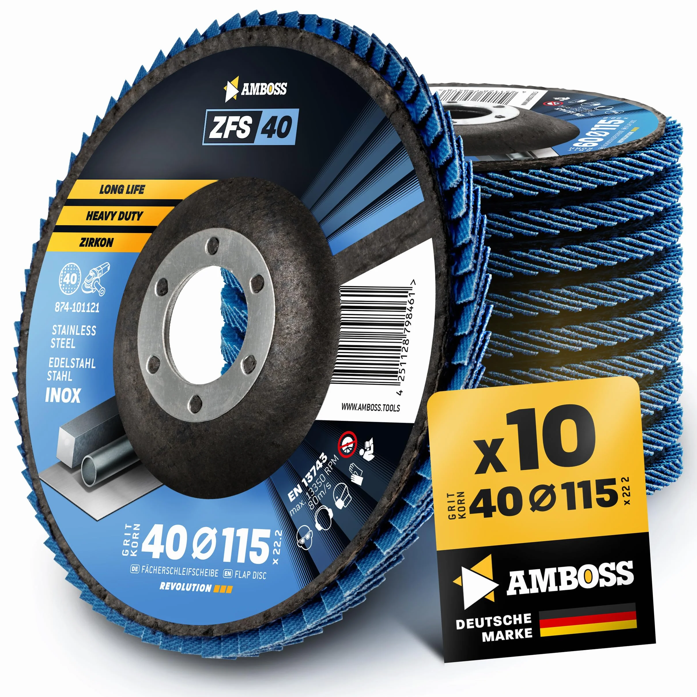 10x Disco lamellare Ø115mm K40 per acciaio/inox - levigatura, rimozione della ruggine, levigatura del giunto a V - AMBOSS Werkzeuge ZFS Disco lamellare blu per smerigliatrice angolare - Mopa