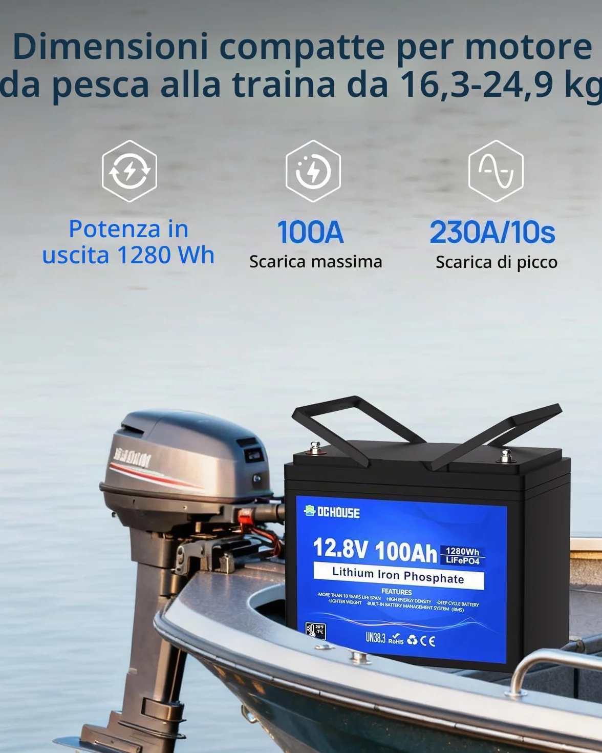 DCHOUSE Batteria Litio Bluetooth 12V 100Ah, Batteria al Litio 12V 1280Wh con Protezione 100A BMS e a Bassa Temperatura, Lifepo4 per Motori Elettrici, Caravan, Campeggio, Sistemi Solare