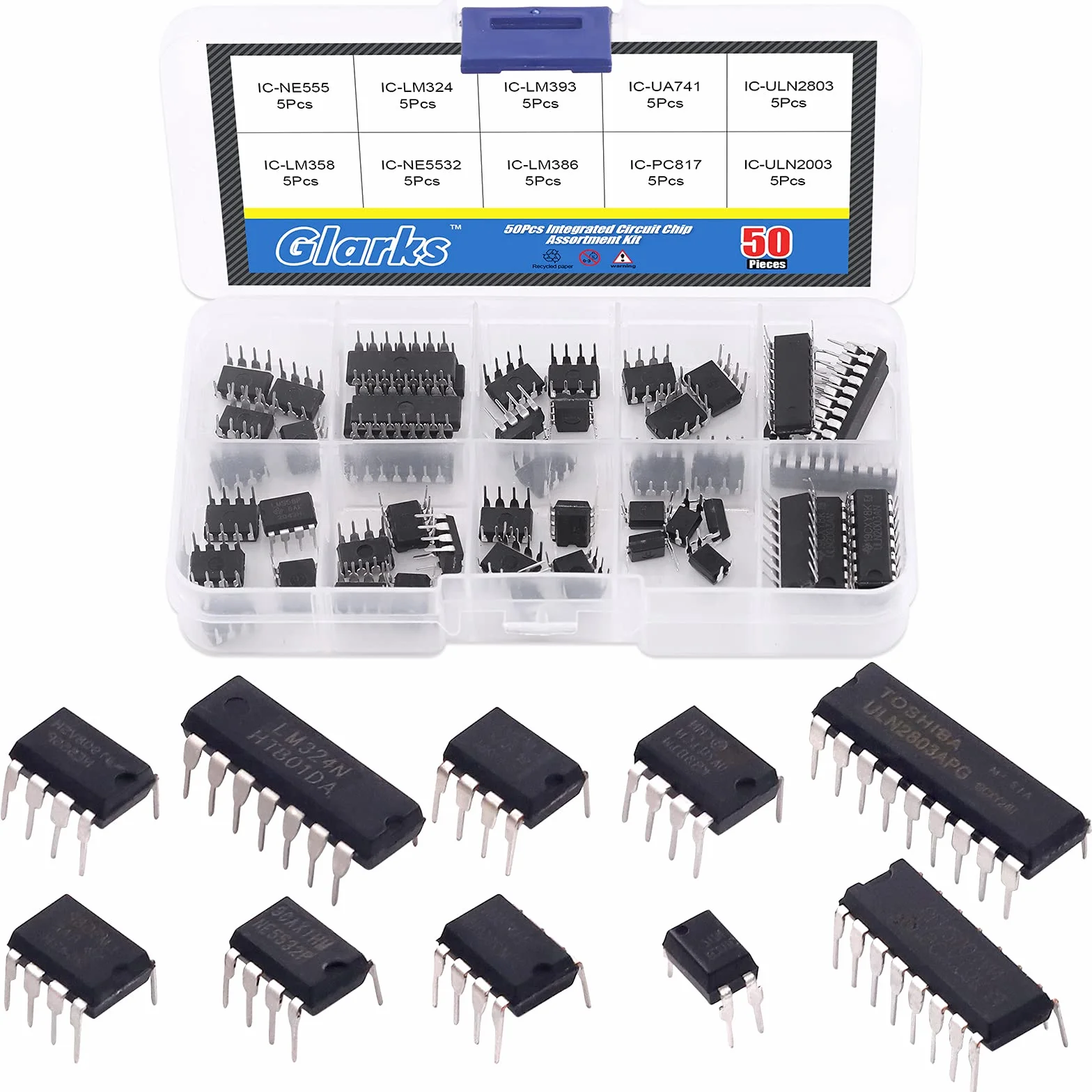 Glarks - Kit di 50 chip con circuito integrato, 10 tipi di circuiti integrati, opamp, singolo timer di precisione, pwm, tra cui LM324 LM358 LM386 LM393 UA741 NE5532 NE555 PC817 ULN2003 ULN2803